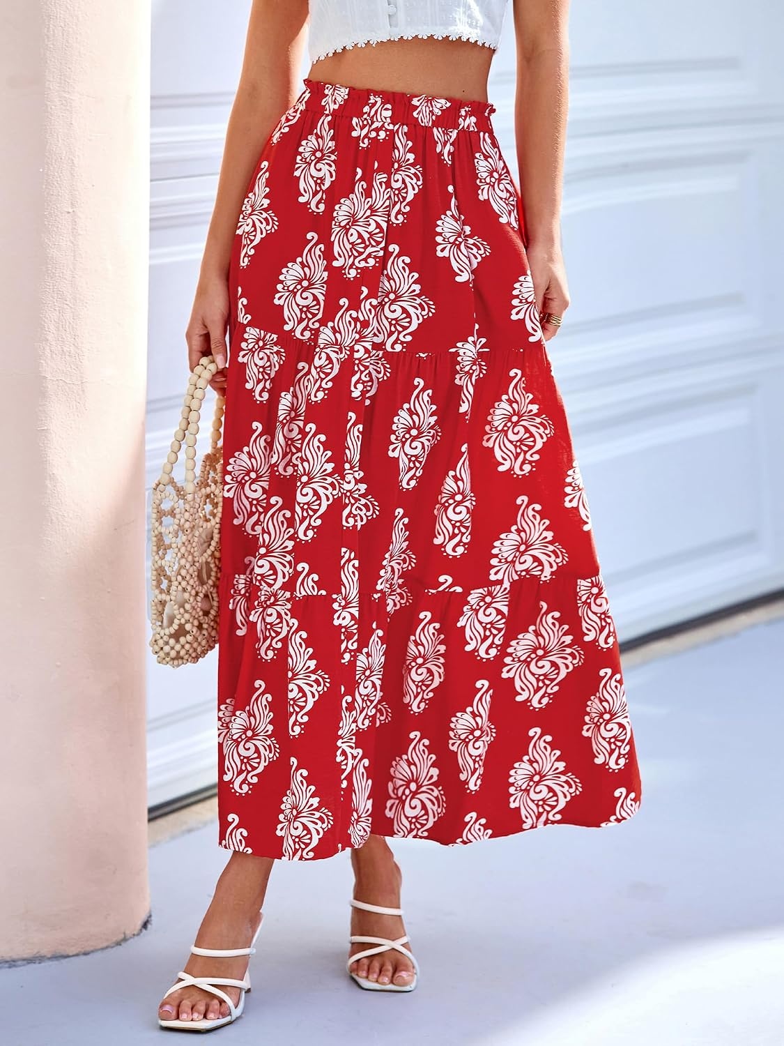 image:imageBTFBM Maxi Skirts for Women Summer Outfits Elastic High Waist A Line Boho Beach Vacation Cruise Floral Long Skirt 2026Floral Red White Flower