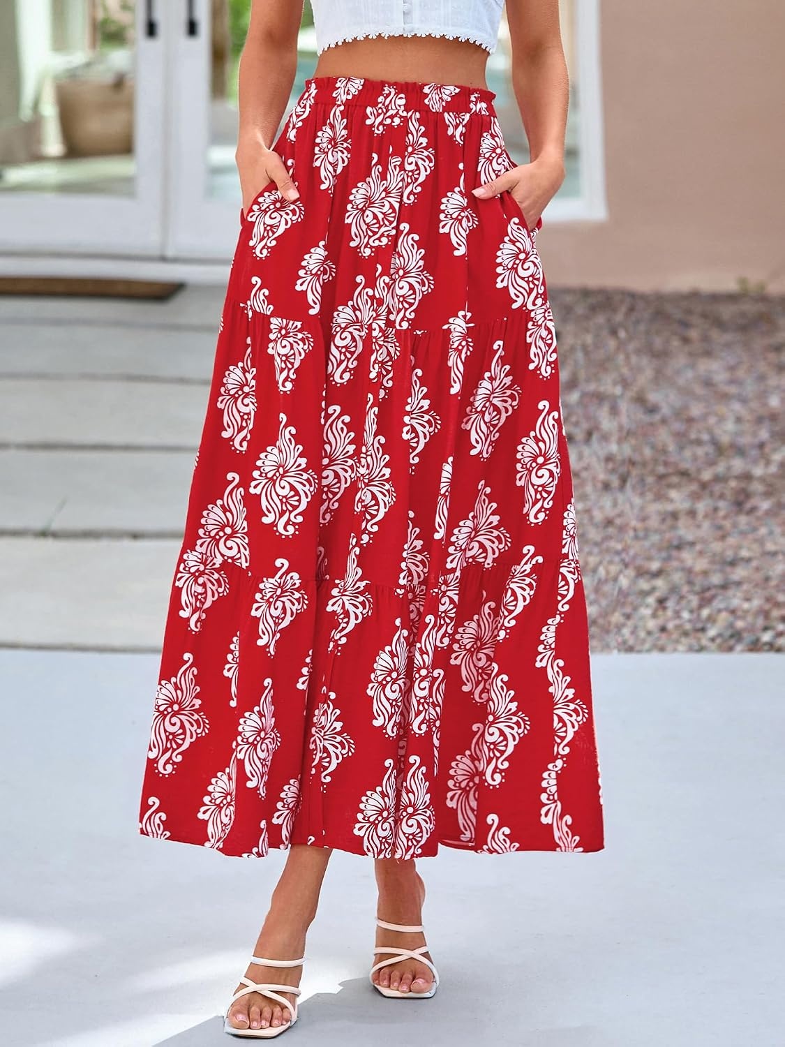 image:imageBTFBM Maxi Skirts for Women Summer Outfits Elastic High Waist A Line Boho Beach Vacation Cruise Floral Long Skirt 2026Floral Red White Flower