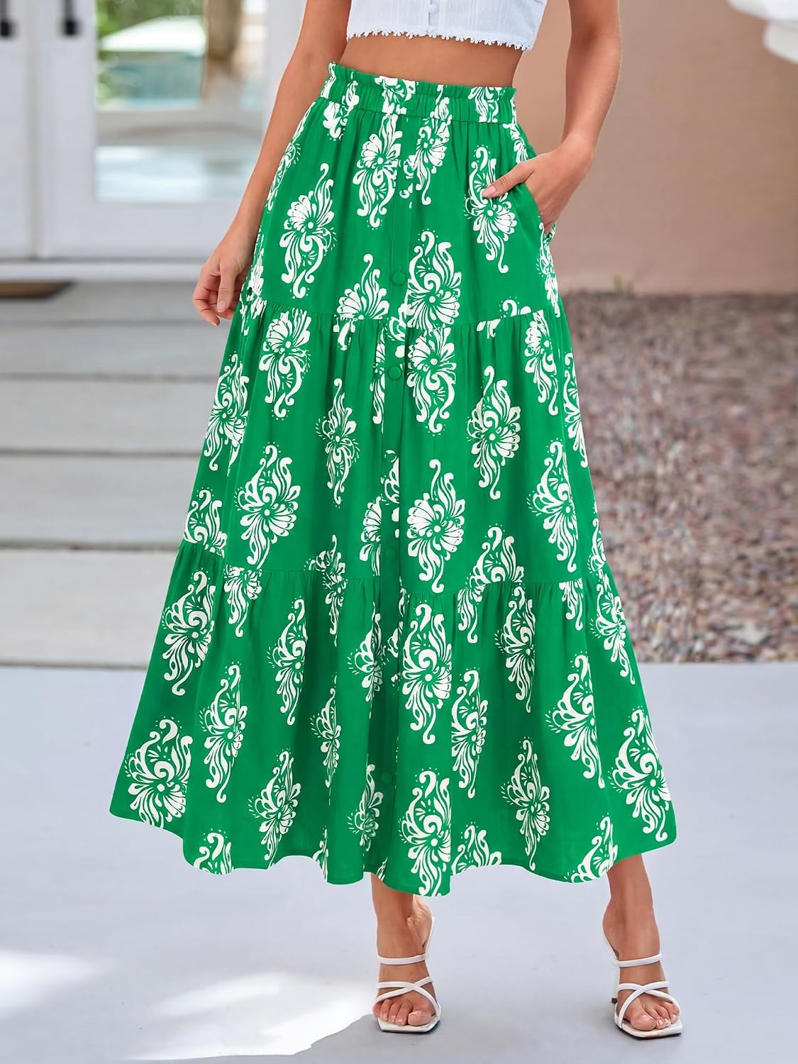 image:imageBTFBM Maxi Skirts for Women Summer Outfits Elastic High Waist A Line Boho Beach Vacation Cruise Floral Long Skirt 2026Green White Flower