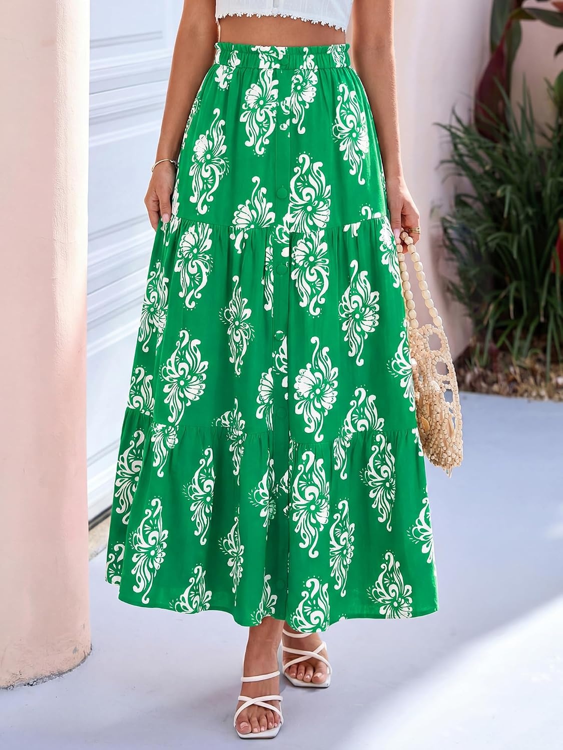 image:imageBTFBM Maxi Skirts for Women Summer Outfits Elastic High Waist A Line Boho Beach Vacation Cruise Floral Long Skirt 2026Green White Flower