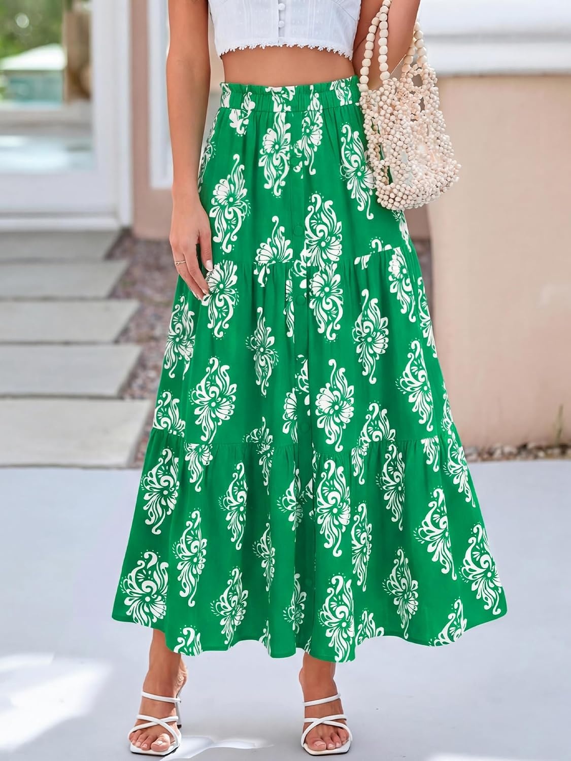 image:imageBTFBM Maxi Skirts for Women Summer Outfits Elastic High Waist A Line Boho Beach Vacation Cruise Floral Long Skirt 2026Green White Flower
