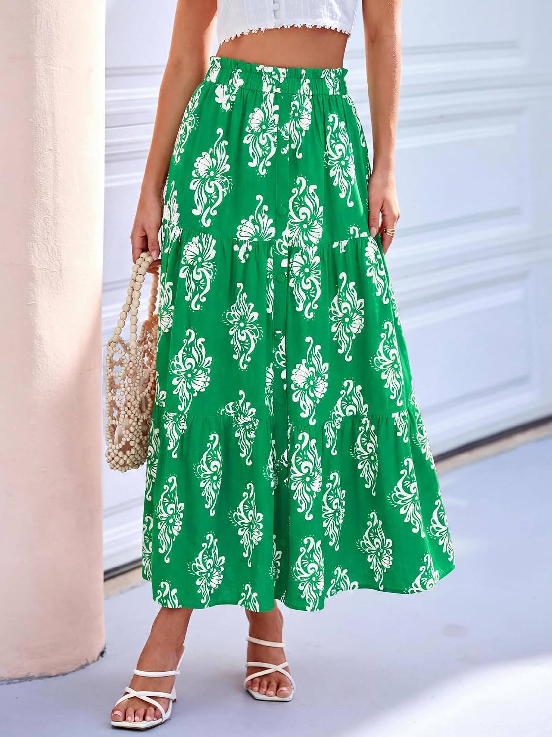 image:imageBTFBM Maxi Skirts for Women Summer Outfits Elastic High Waist A Line Boho Beach Vacation Cruise Floral Long Skirt 2026Green White Flower