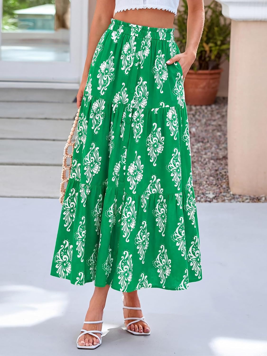image:imageBTFBM Maxi Skirts for Women Summer Outfits Elastic High Waist A Line Boho Beach Vacation Cruise Floral Long Skirt 2026Green White Flower
