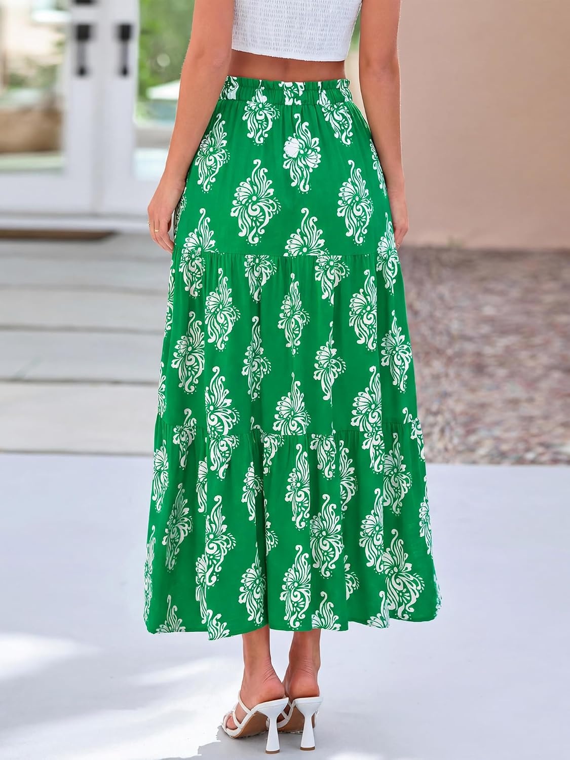 image:imageBTFBM Maxi Skirts for Women Summer Outfits Elastic High Waist A Line Boho Beach Vacation Cruise Floral Long Skirt 2026Green White Flower