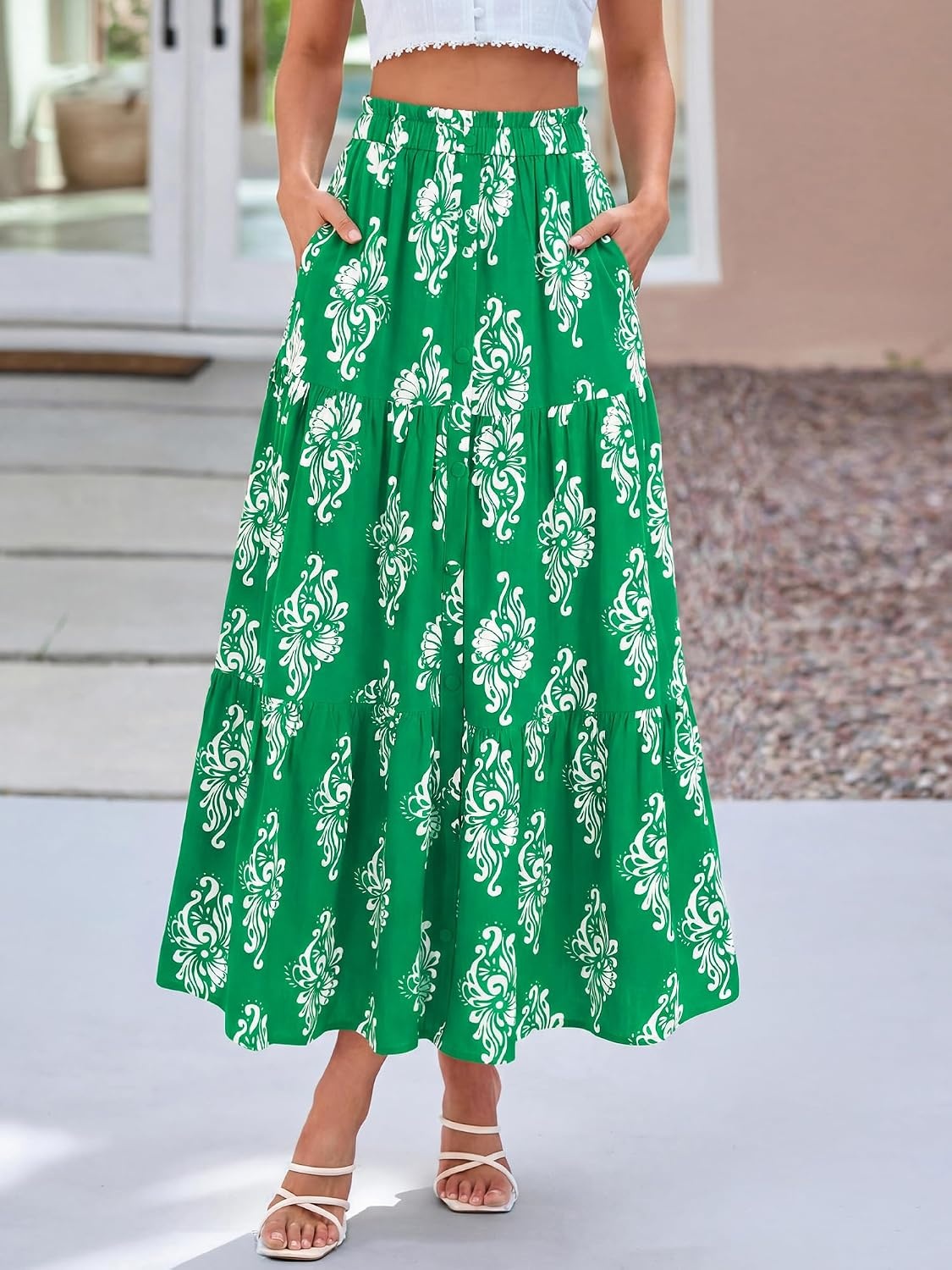 image:imageBTFBM Maxi Skirts for Women Summer Outfits Elastic High Waist A Line Boho Beach Vacation Cruise Floral Long Skirt 2026Green White Flower