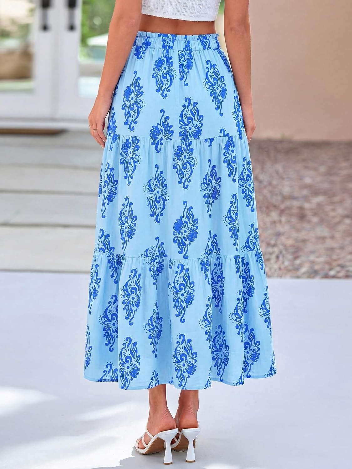 image:imageBTFBM Maxi Skirts for Women Summer Outfits Elastic High Waist A Line Boho Beach Vacation Cruise Floral Long Skirt 2026Light Blue Blue Flower