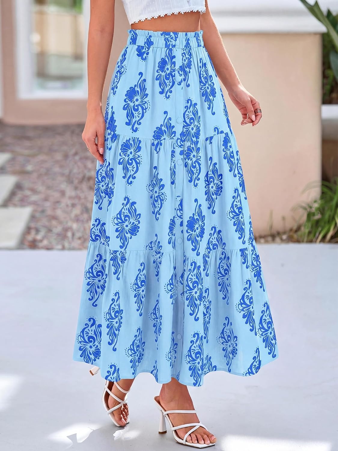 image:imageBTFBM Maxi Skirts for Women Summer Outfits Elastic High Waist A Line Boho Beach Vacation Cruise Floral Long Skirt 2026Light Blue Blue Flower