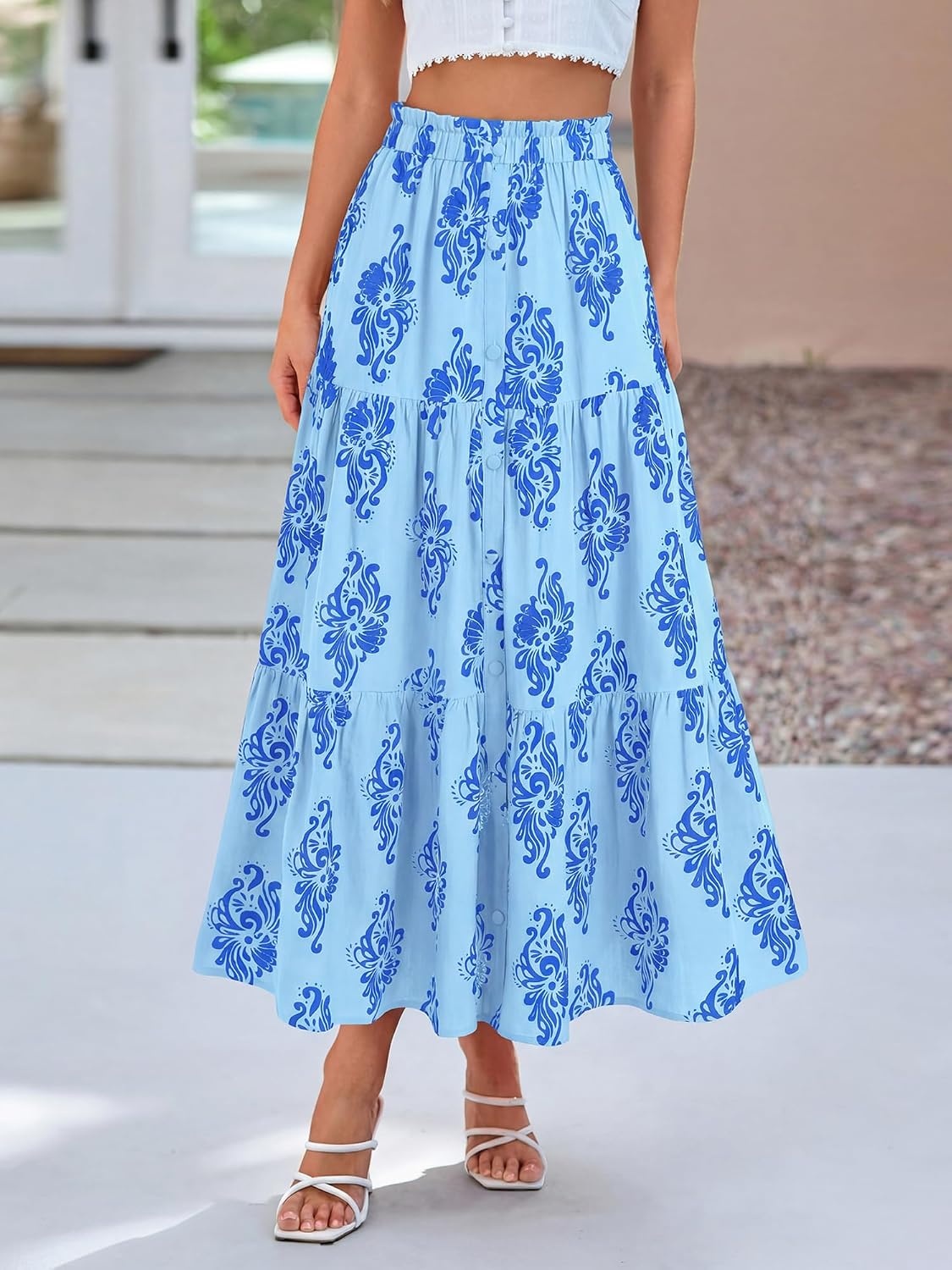 image:imageBTFBM Maxi Skirts for Women Summer Outfits Elastic High Waist A Line Boho Beach Vacation Cruise Floral Long Skirt 2026Light Blue Blue Flower