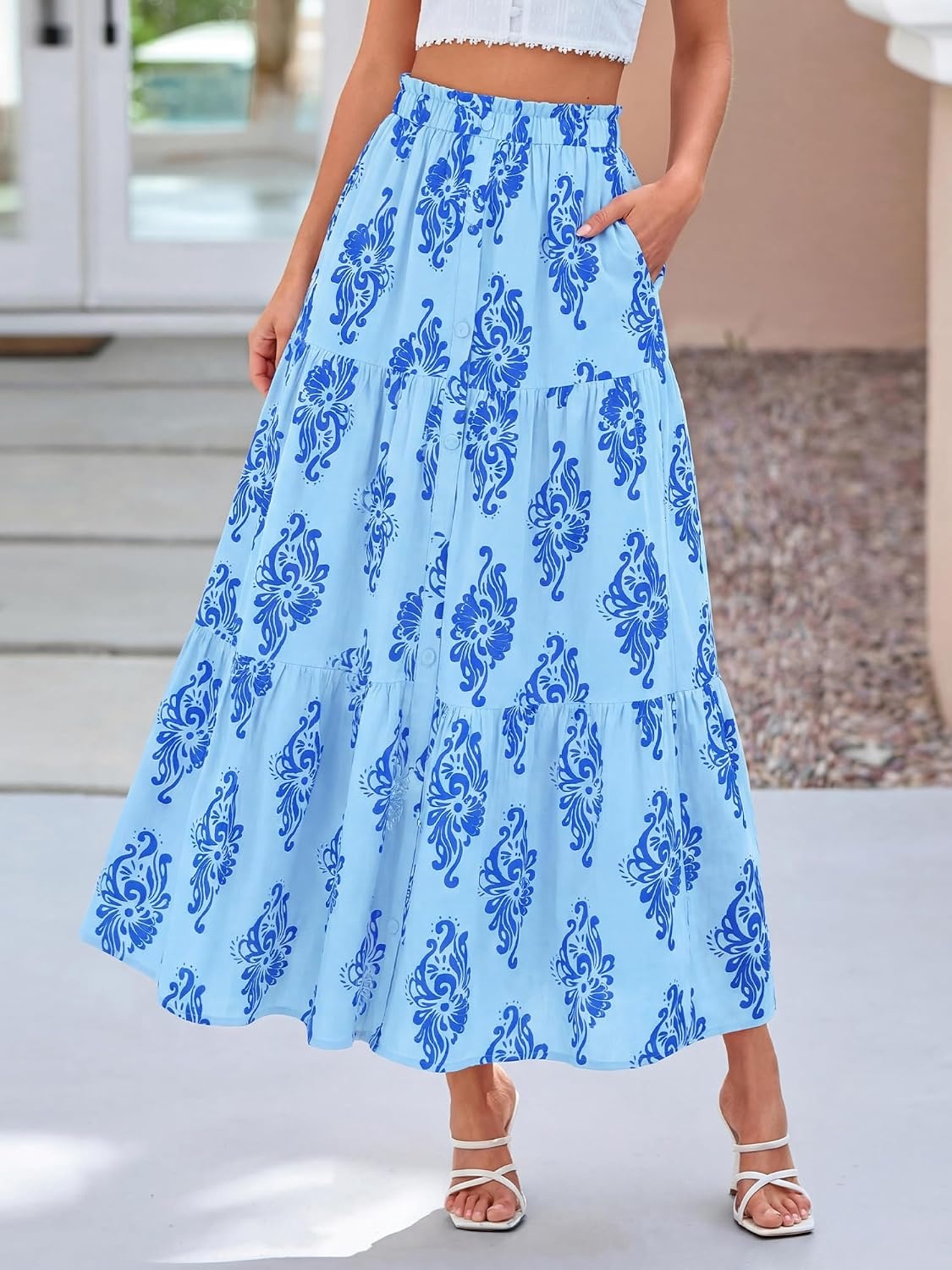 image:imageBTFBM Maxi Skirts for Women Summer Outfits Elastic High Waist A Line Boho Beach Vacation Cruise Floral Long Skirt 2026Light Blue Blue Flower