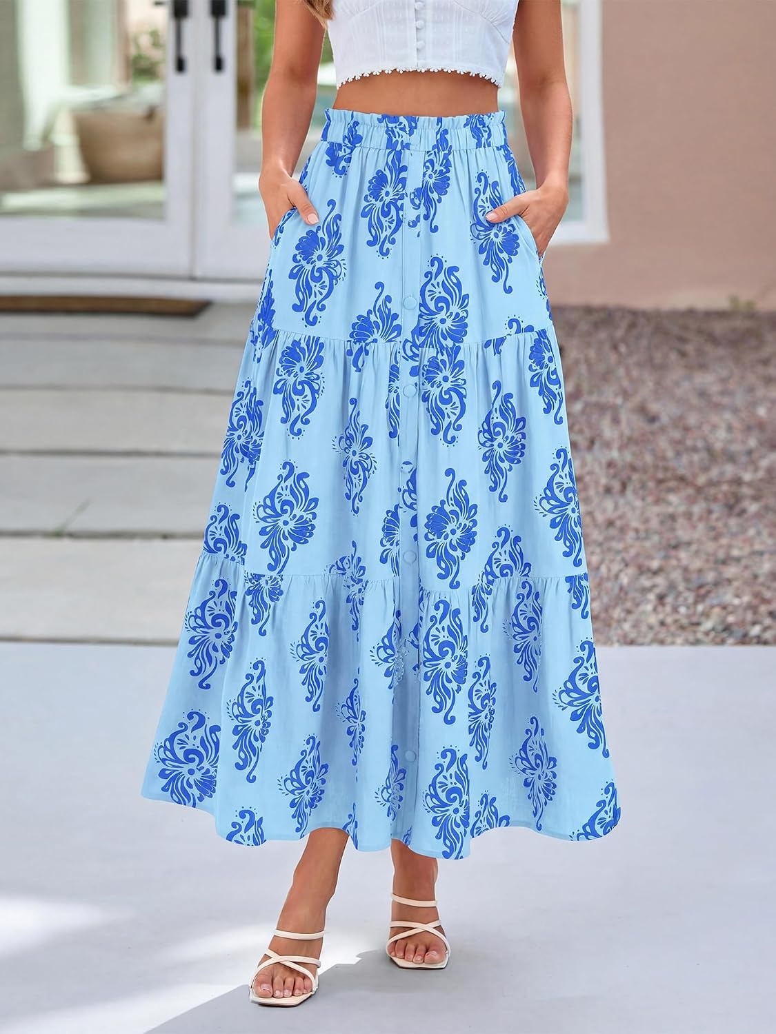 image:imageBTFBM Maxi Skirts for Women Summer Outfits Elastic High Waist A Line Boho Beach Vacation Cruise Floral Long Skirt 2026Light Blue Blue Flower