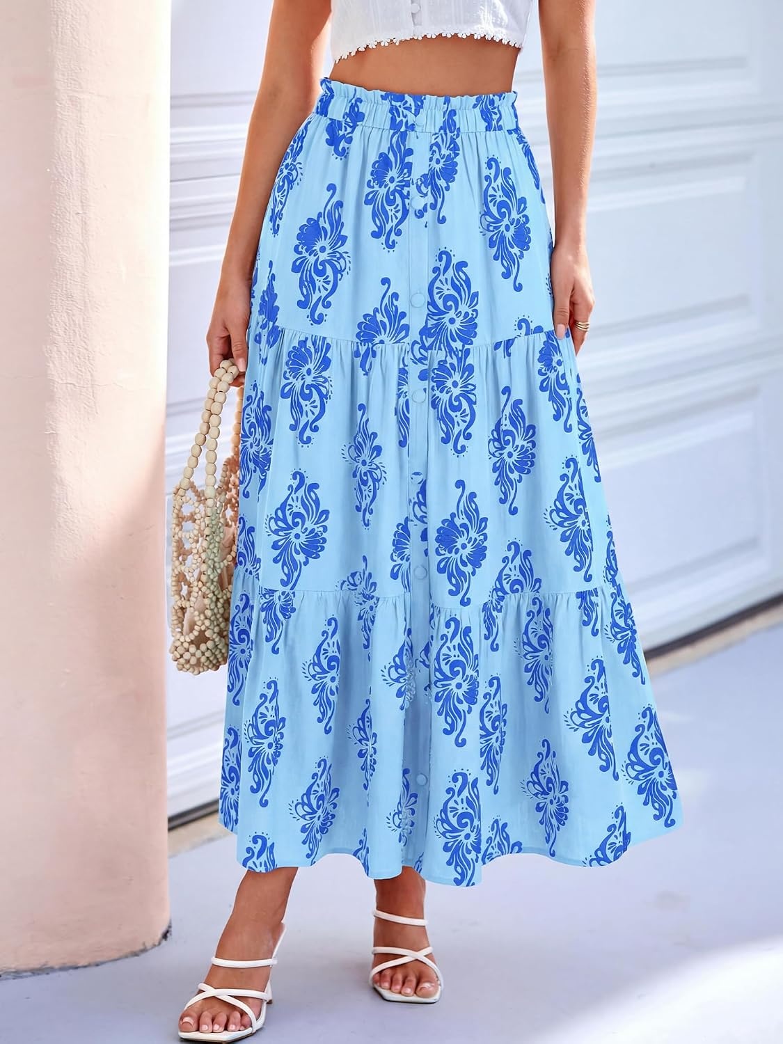 image:imageBTFBM Maxi Skirts for Women Summer Outfits Elastic High Waist A Line Boho Beach Vacation Cruise Floral Long Skirt 2026Light Blue Blue Flower