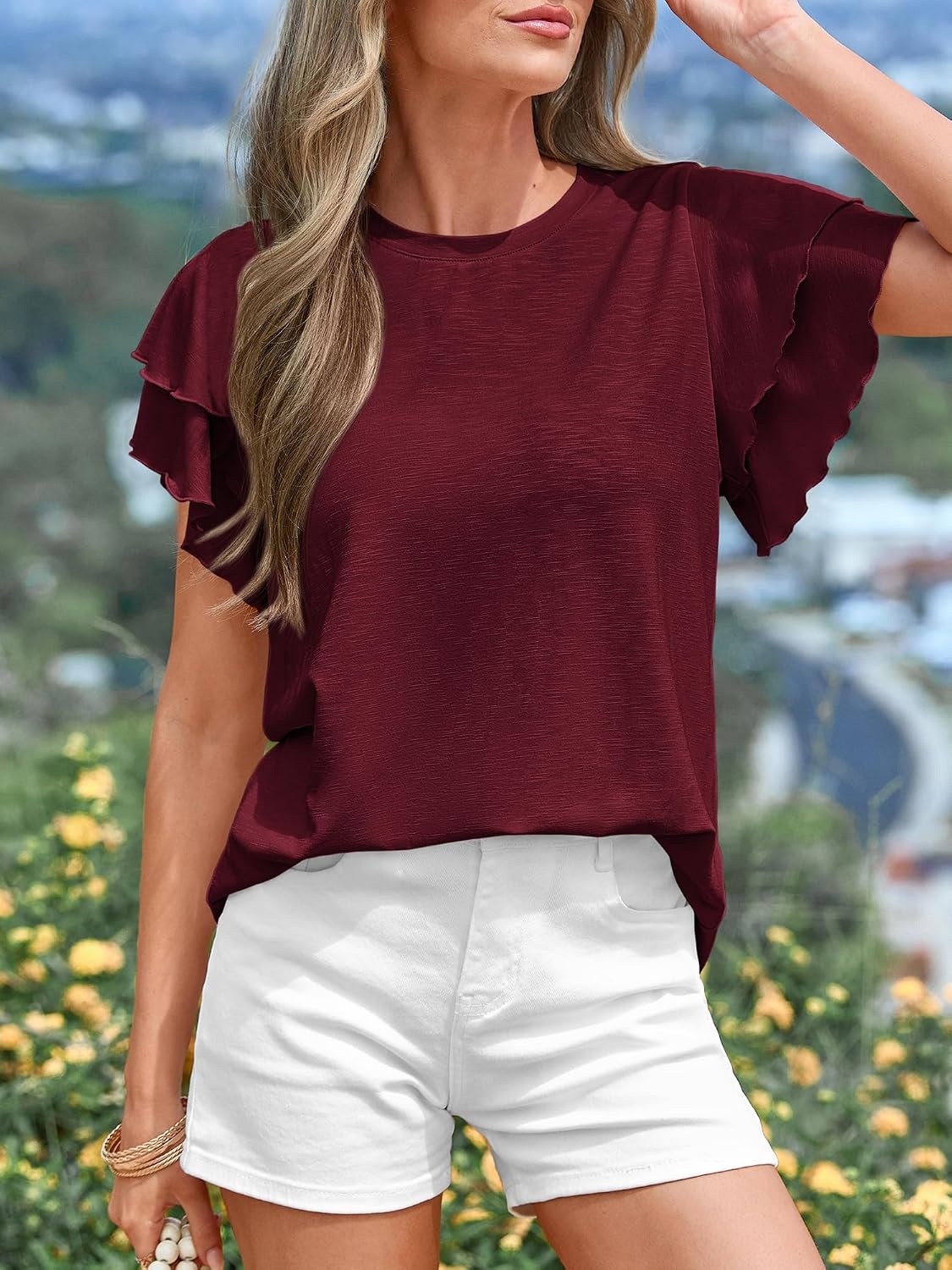 image:imageBTFBM Ruffle Sleeve Summer Tops for Women 2026Burgundy