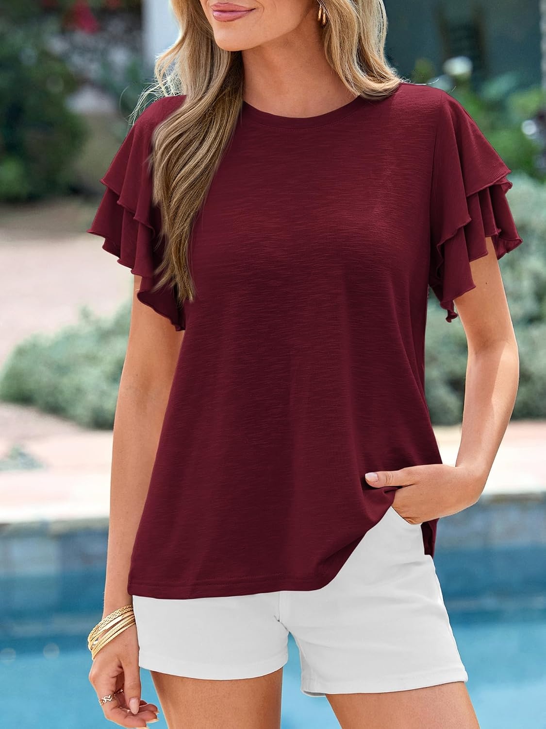 image:imageBTFBM Ruffle Sleeve Summer Tops for Women 2026Burgundy
