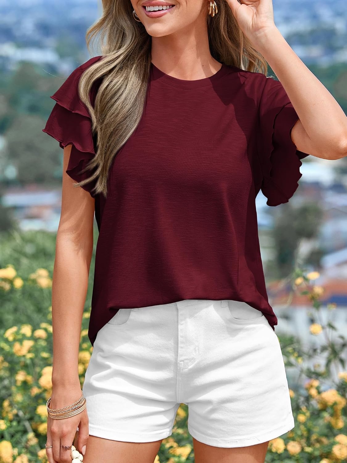 image:imageBTFBM Ruffle Sleeve Summer Tops for Women 2026Burgundy
