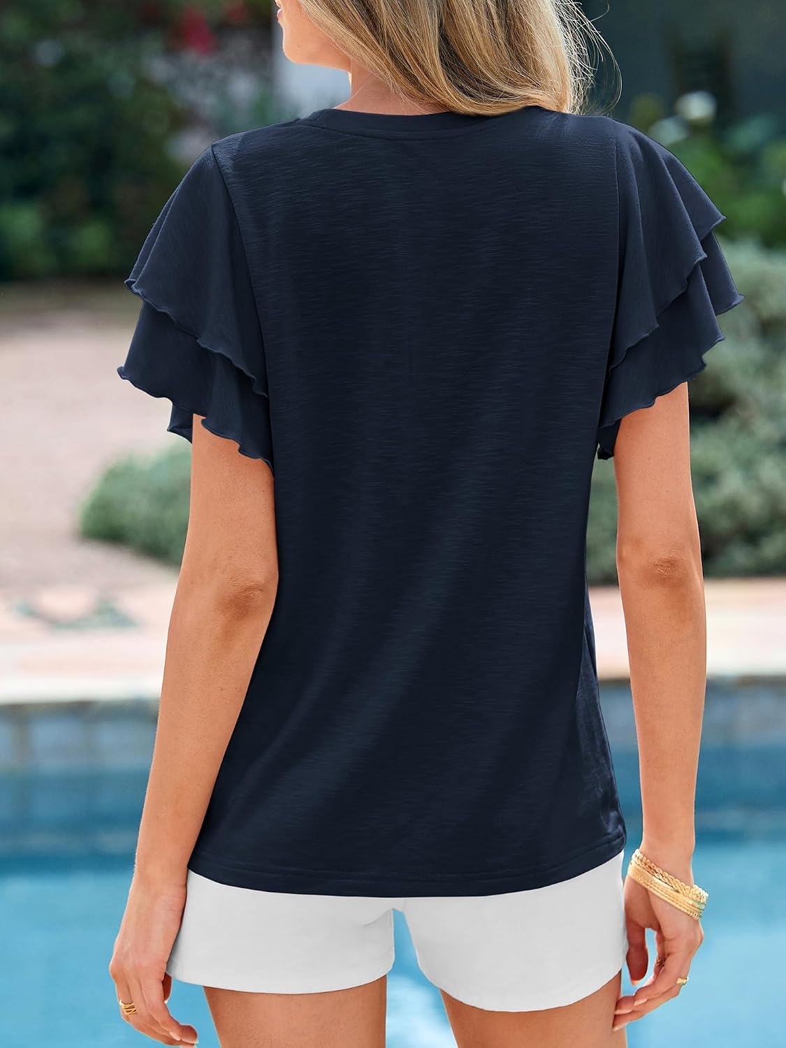 image:imageBTFBM Ruffle Sleeve Summer Tops for Women 2026Navy Blue