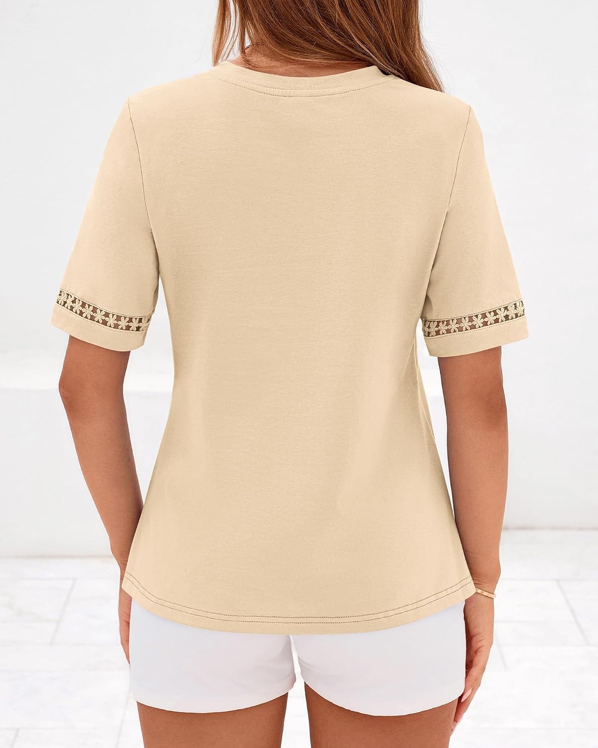 image:imageBTFBM Short Sleeve Shirts for Women 2026 Lace Summer Tops Spring Casual Loose Crew Neck TShirt Cute Vacation OutfitsApricot