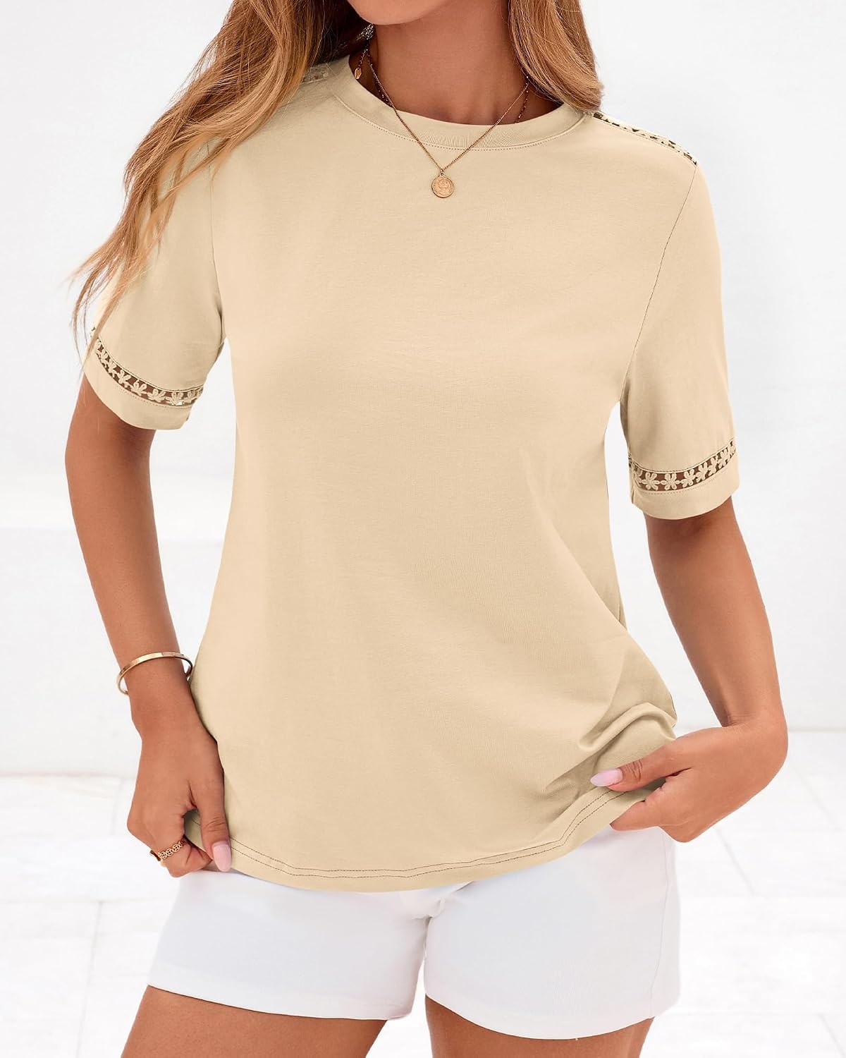 image:imageBTFBM Short Sleeve Shirts for Women 2026 Lace Summer Tops Spring Casual Loose Crew Neck TShirt Cute Vacation OutfitsApricot