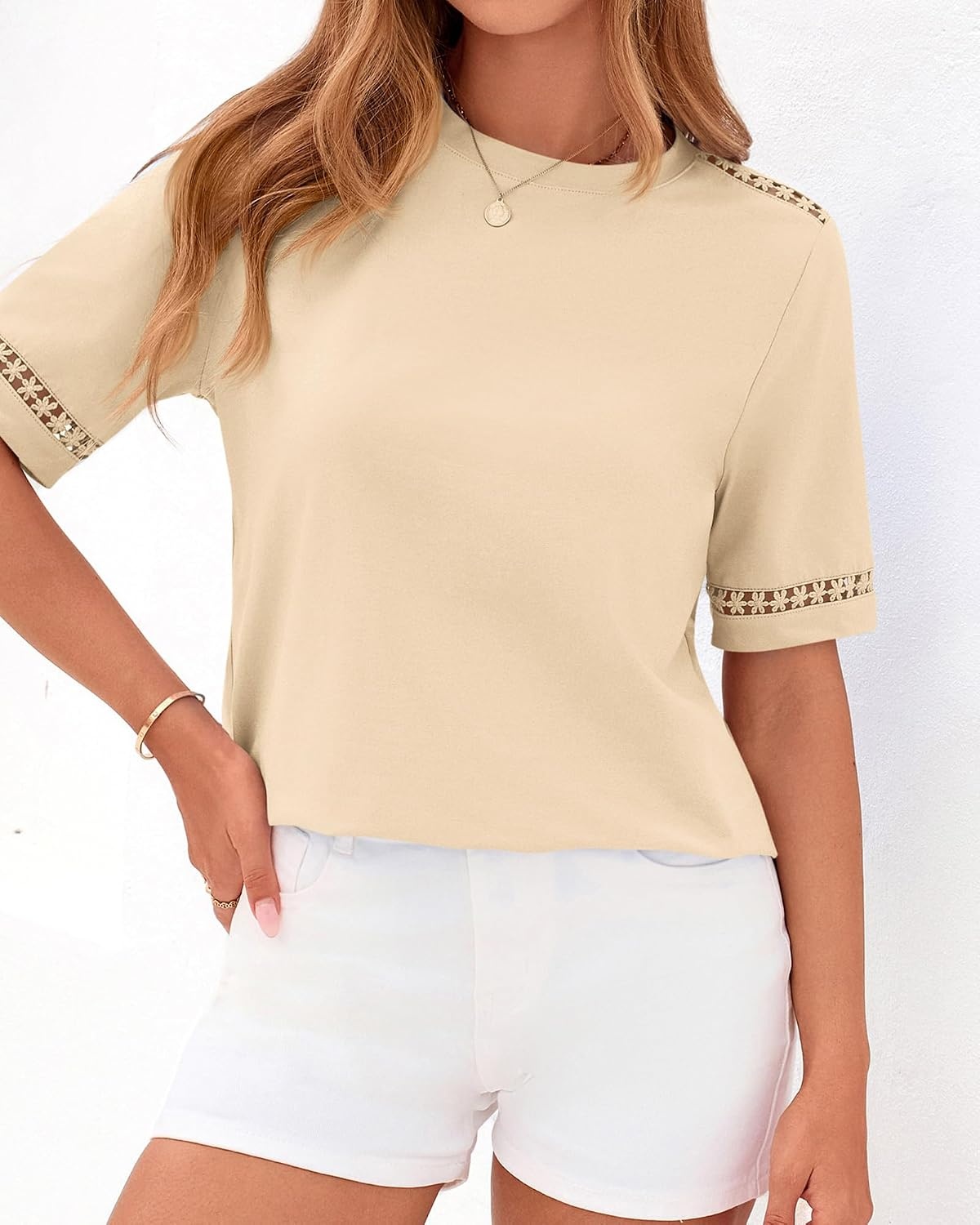 image:imageBTFBM Short Sleeve Shirts for Women 2026 Lace Summer Tops Spring Casual Loose Crew Neck TShirt Cute Vacation OutfitsApricot