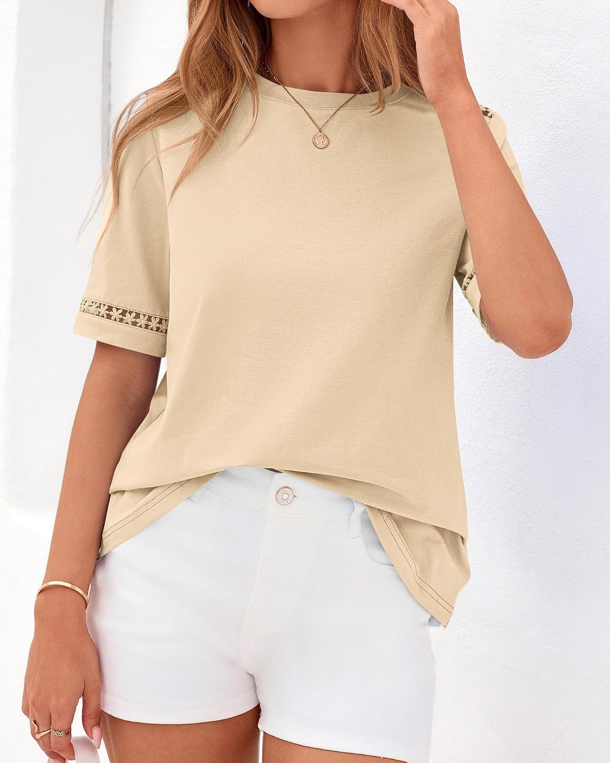 image:imageBTFBM Short Sleeve Shirts for Women 2026 Lace Summer Tops Spring Casual Loose Crew Neck TShirt Cute Vacation OutfitsApricot