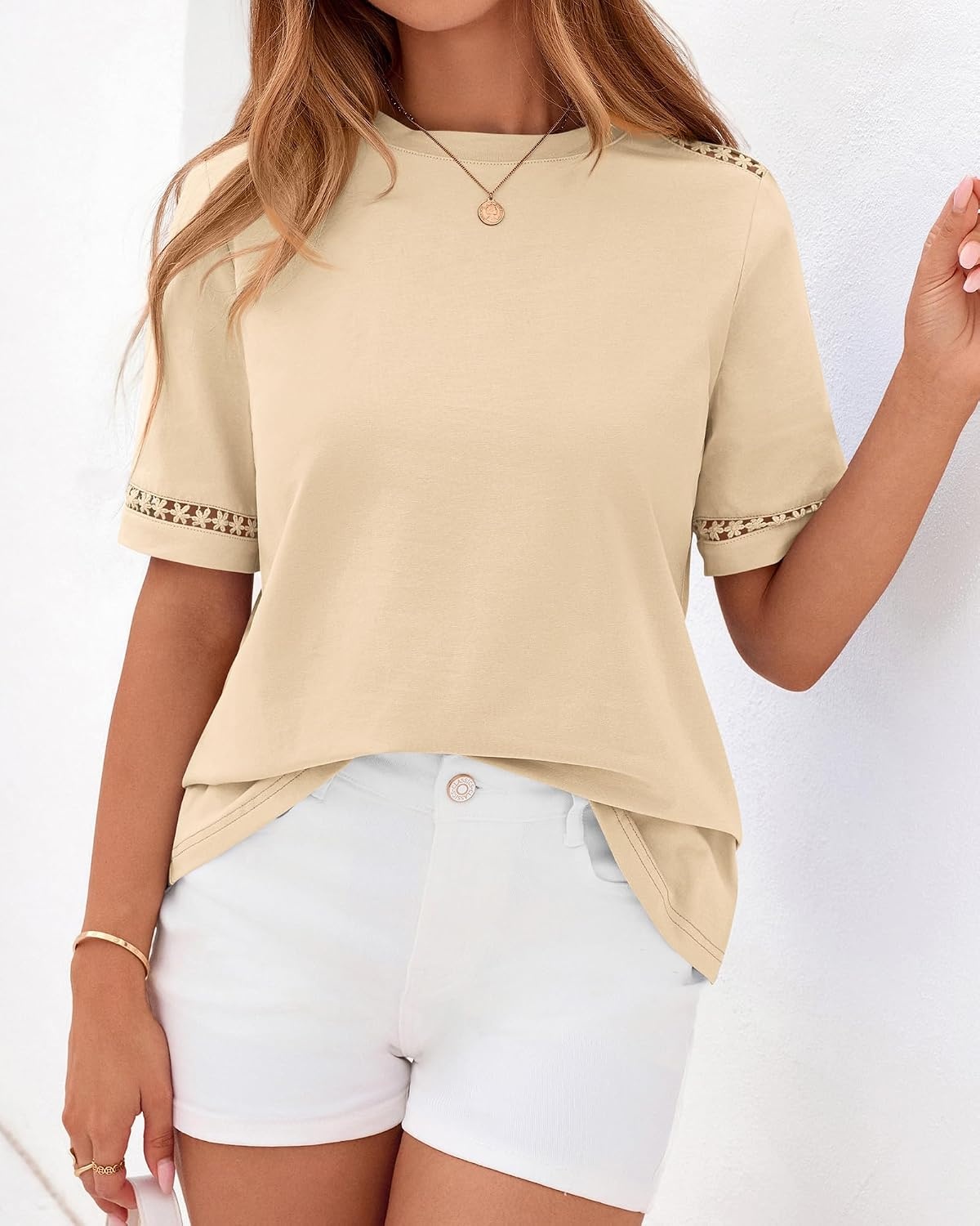 image:imageBTFBM Short Sleeve Shirts for Women 2026 Lace Summer Tops Spring Casual Loose Crew Neck TShirt Cute Vacation OutfitsApricot