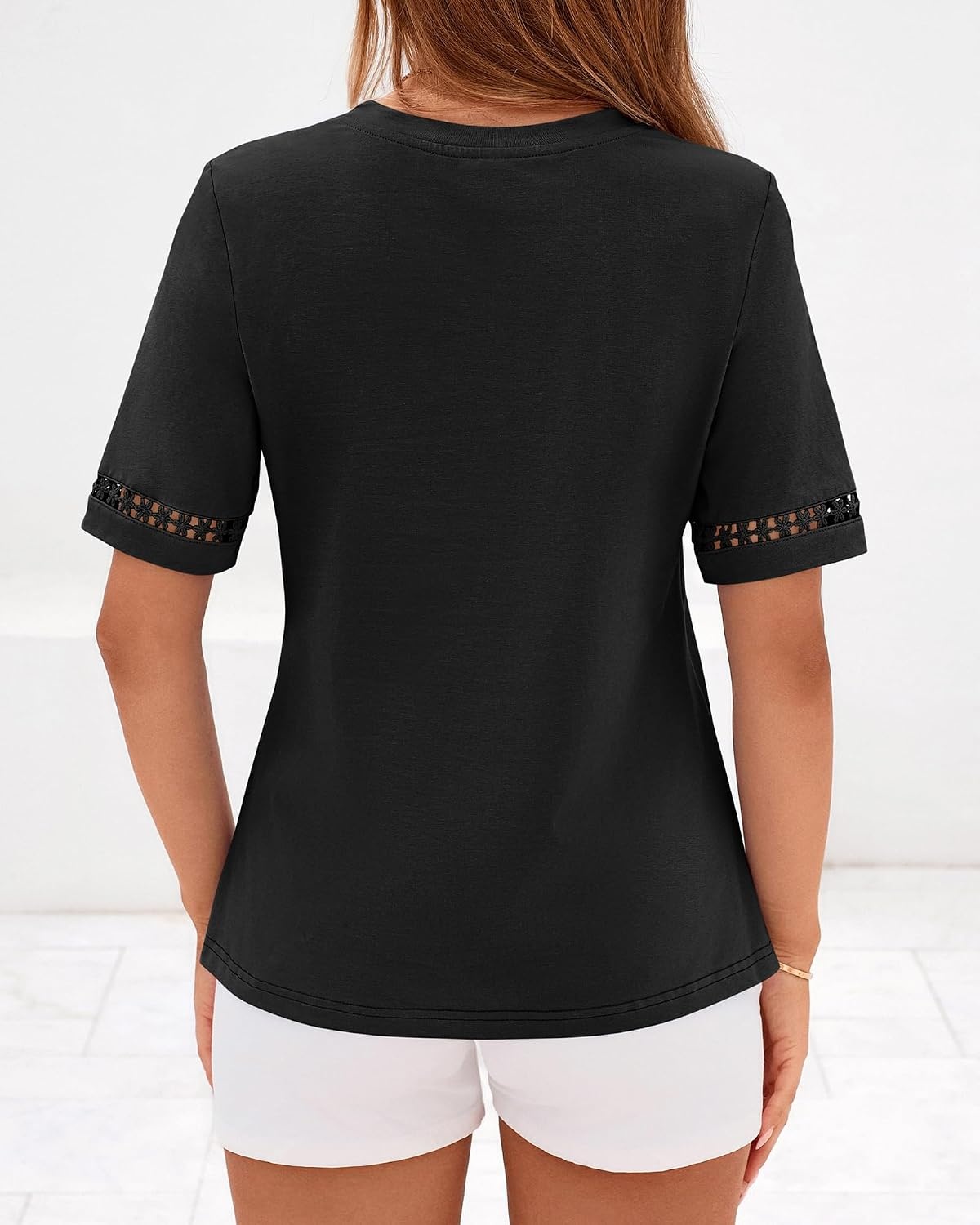 image:imageBTFBM Short Sleeve Shirts for Women 2026 Lace Summer Tops Spring Casual Loose Crew Neck TShirt Cute Vacation OutfitsBlack