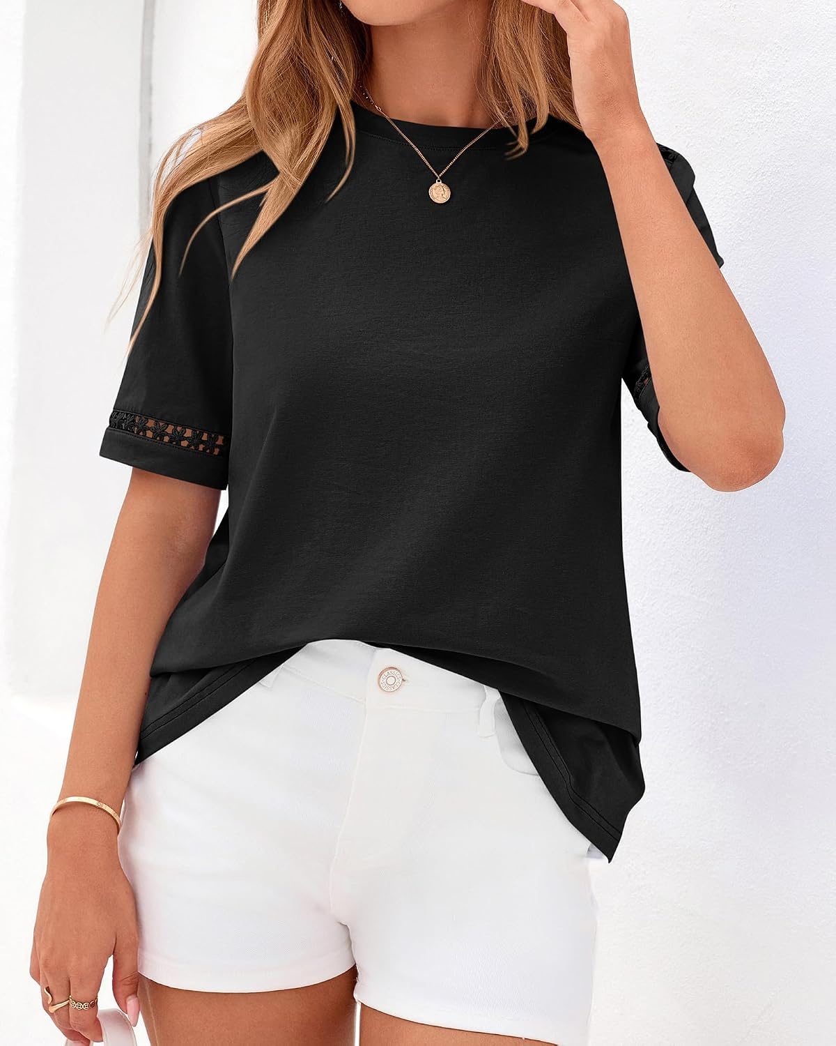 image:imageBTFBM Short Sleeve Shirts for Women 2026 Lace Summer Tops Spring Casual Loose Crew Neck TShirt Cute Vacation OutfitsBlack