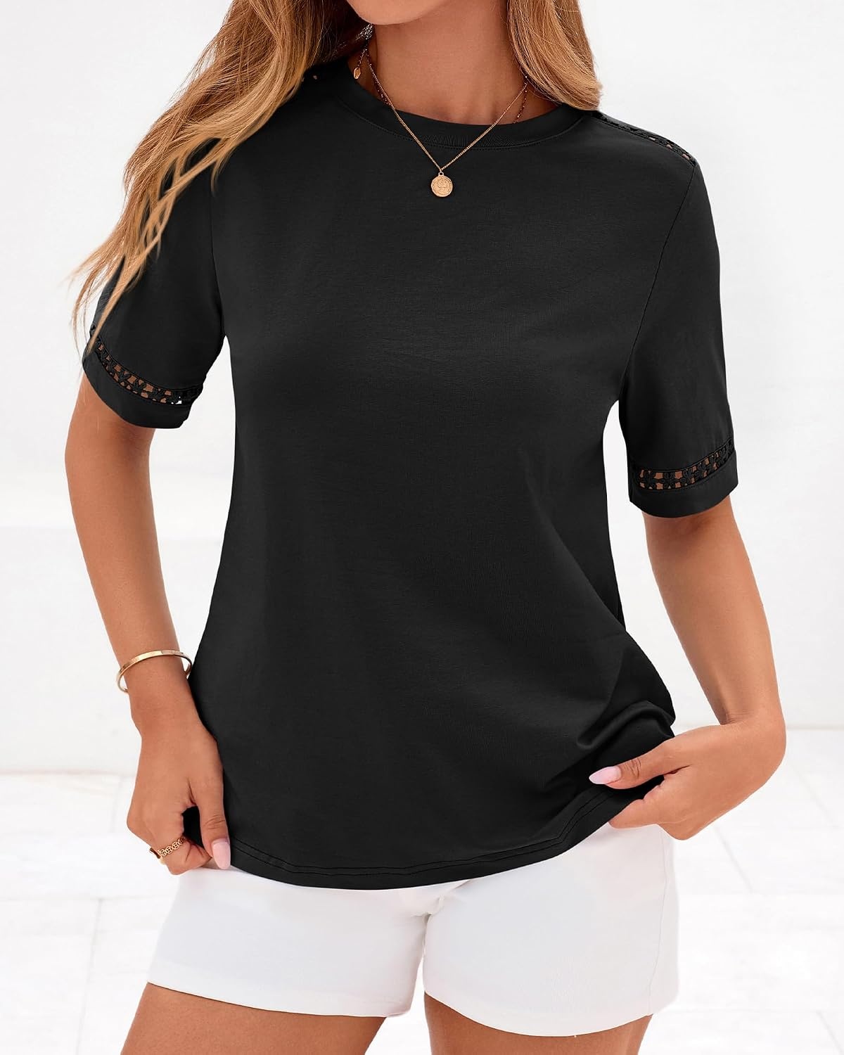 image:imageBTFBM Short Sleeve Shirts for Women 2026 Lace Summer Tops Spring Casual Loose Crew Neck TShirt Cute Vacation OutfitsBlack