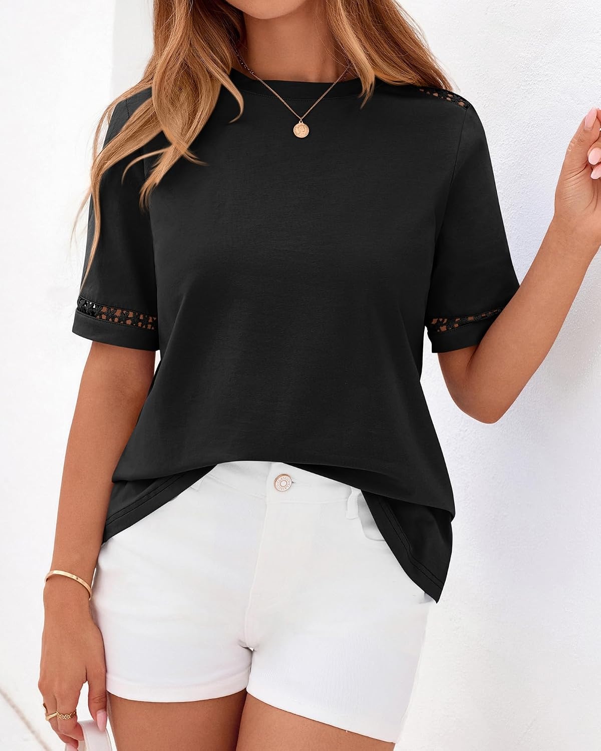 image:imageBTFBM Short Sleeve Shirts for Women 2026 Lace Summer Tops Spring Casual Loose Crew Neck TShirt Cute Vacation OutfitsBlack