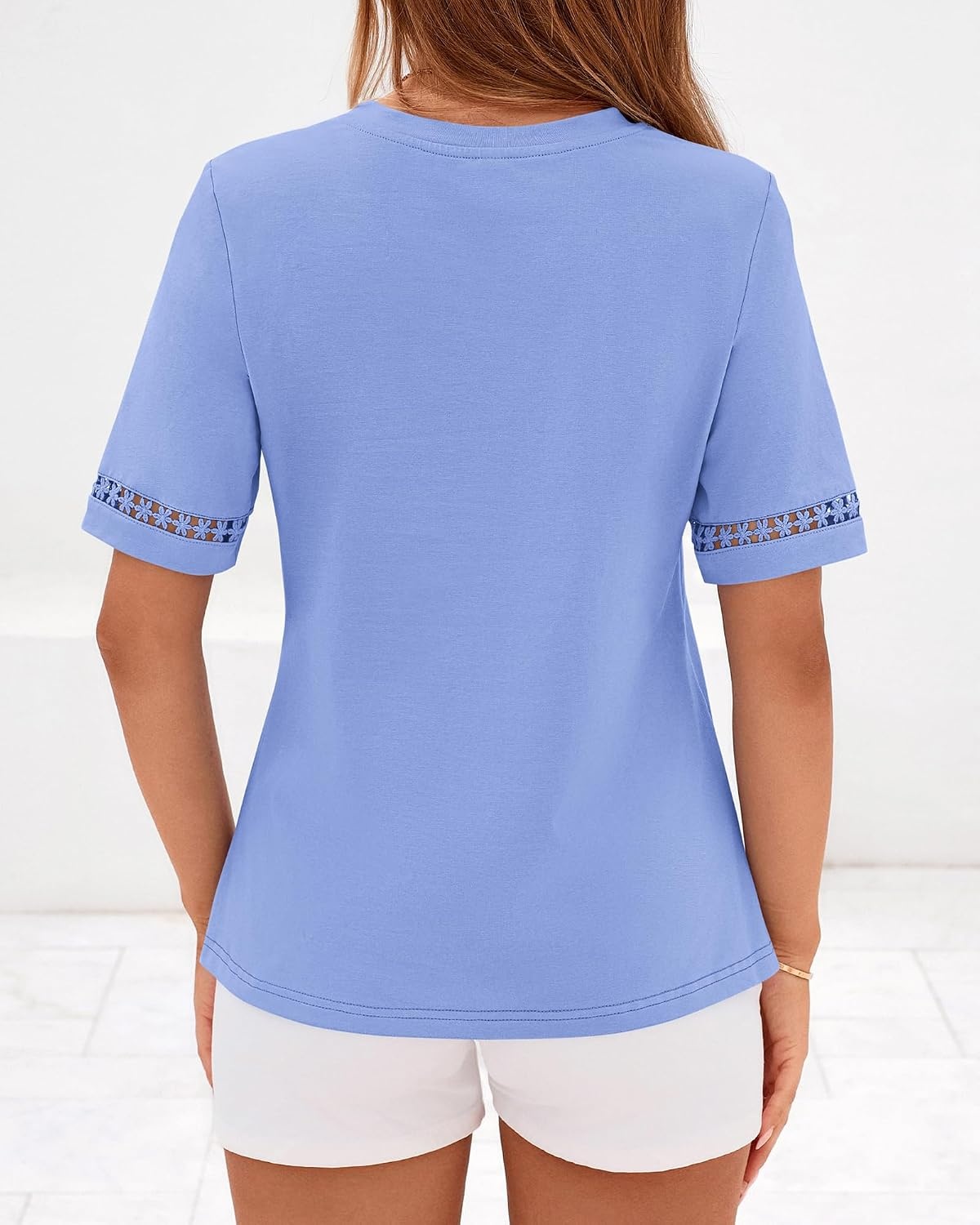 image:imageBTFBM Short Sleeve Shirts for Women 2026 Lace Summer Tops Spring Casual Loose Crew Neck TShirt Cute Vacation OutfitsLight Blue