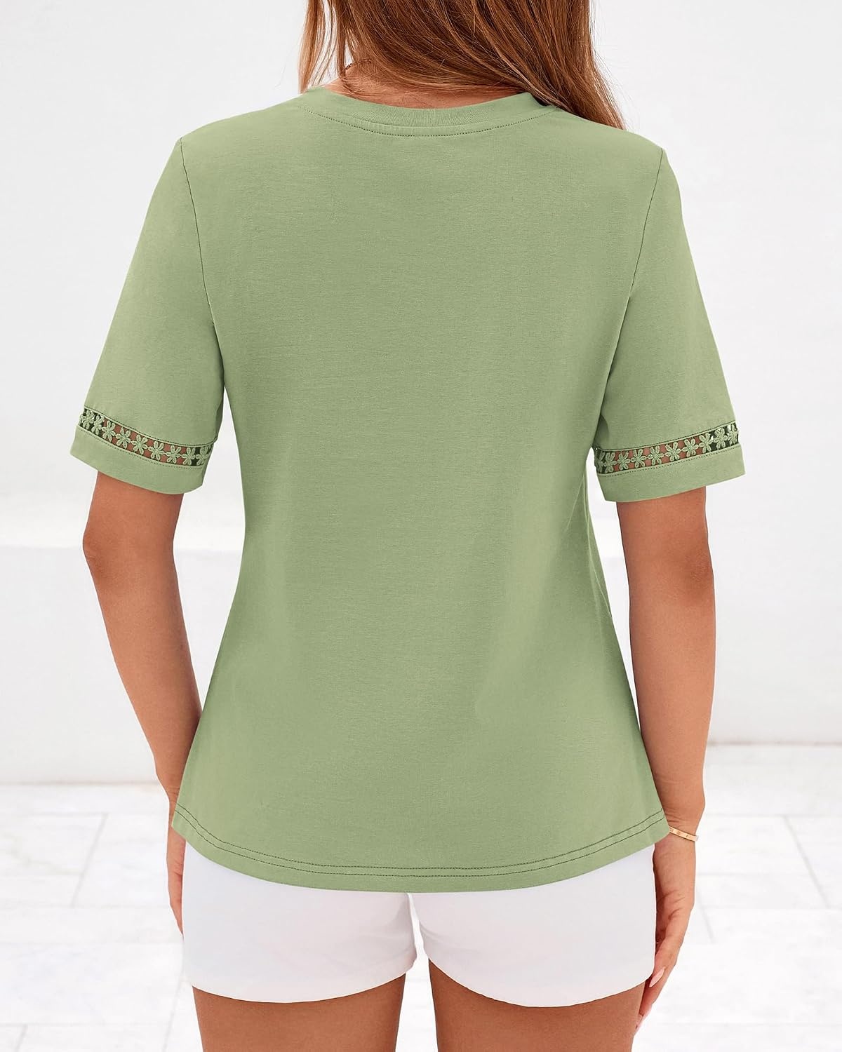 image:imageBTFBM Short Sleeve Shirts for Women 2026 Lace Summer Tops Spring Casual Loose Crew Neck TShirt Cute Vacation OutfitsLight Green
