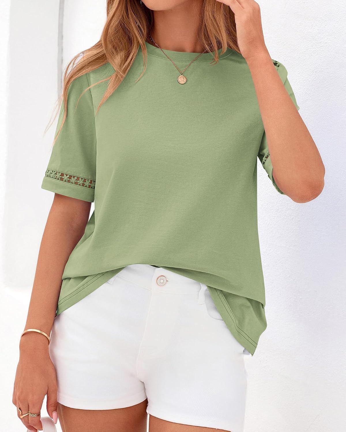 image:imageBTFBM Short Sleeve Shirts for Women 2026 Lace Summer Tops Spring Casual Loose Crew Neck TShirt Cute Vacation OutfitsLight Green