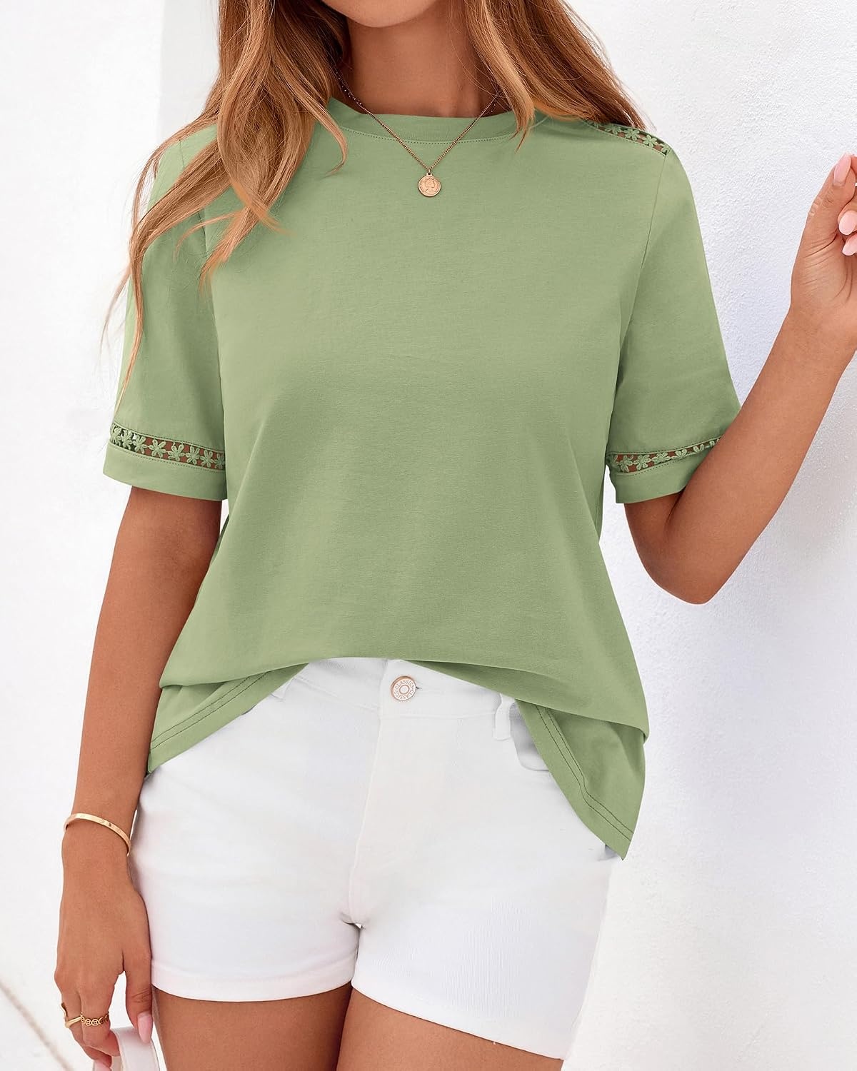 image:imageBTFBM Short Sleeve Shirts for Women 2026 Lace Summer Tops Spring Casual Loose Crew Neck TShirt Cute Vacation OutfitsLight Green