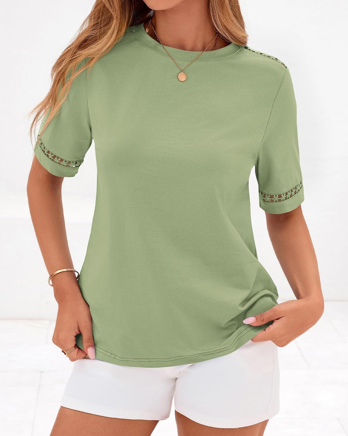 image:imageBTFBM Short Sleeve Shirts for Women 2026 Lace Summer Tops Spring Casual Loose Crew Neck TShirt Cute Vacation OutfitsLight Green