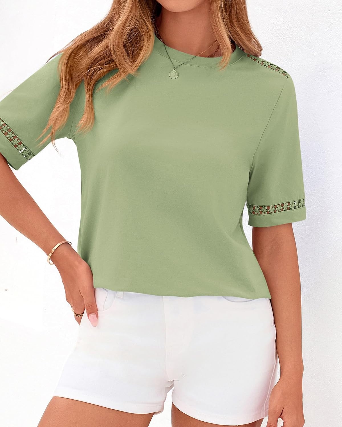 image:imageBTFBM Short Sleeve Shirts for Women 2026 Lace Summer Tops Spring Casual Loose Crew Neck TShirt Cute Vacation OutfitsLight Green