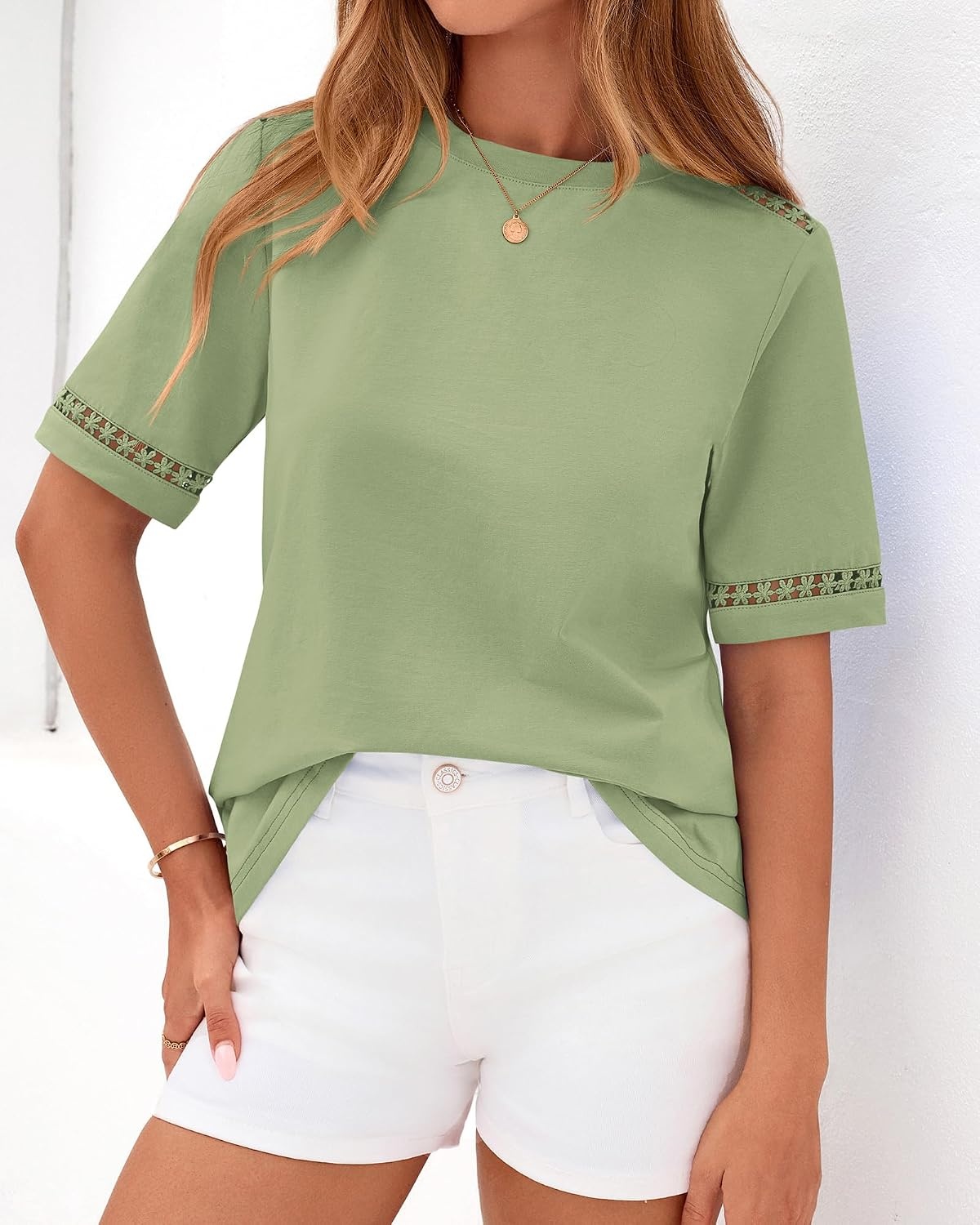 image:imageBTFBM Short Sleeve Shirts for Women 2026 Lace Summer Tops Spring Casual Loose Crew Neck TShirt Cute Vacation OutfitsLight Green