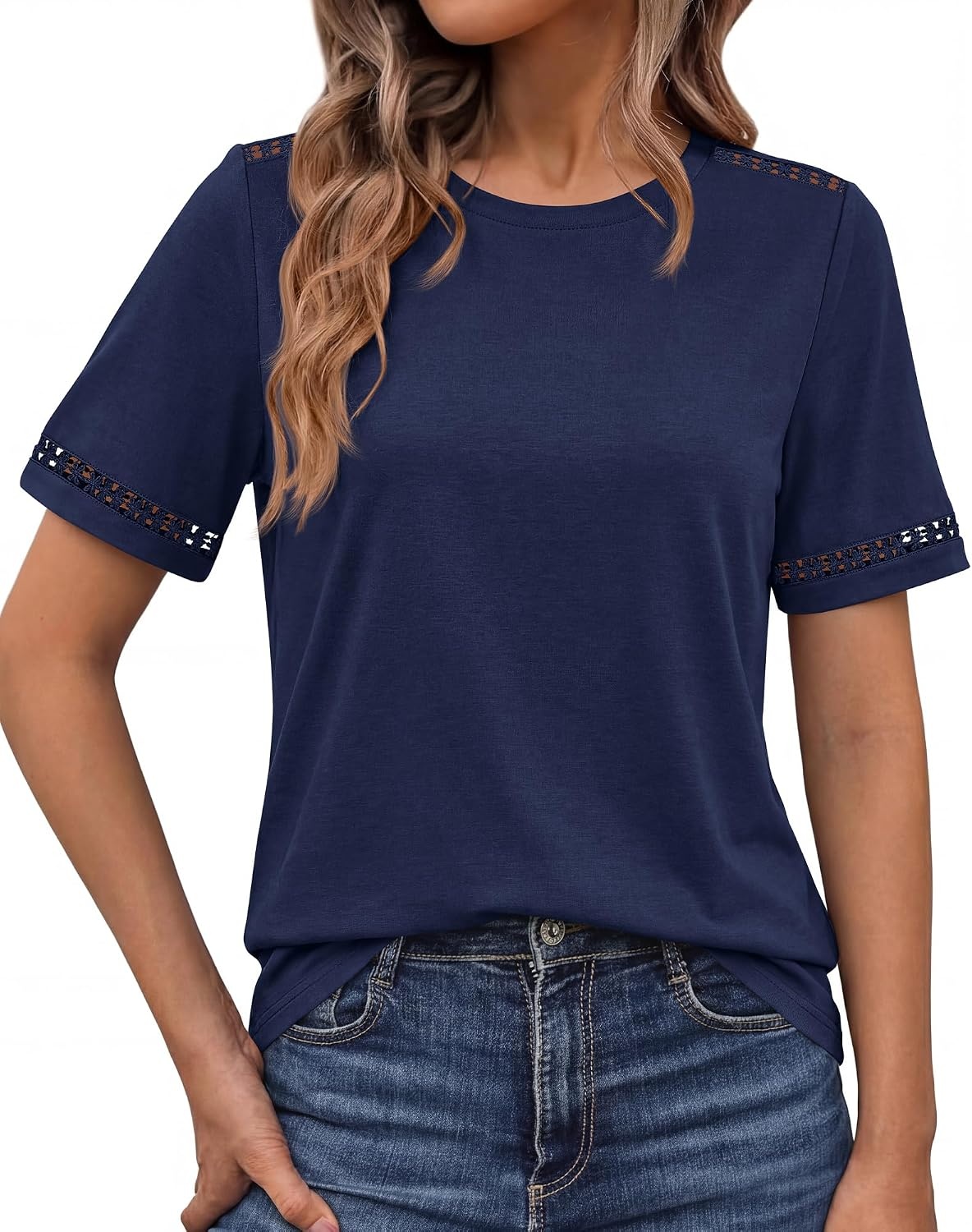 image:imageBTFBM Short Sleeve Shirts for Women 2026 Lace Summer Tops Spring Casual Loose Crew Neck TShirt Cute Vacation OutfitsNavy Blue