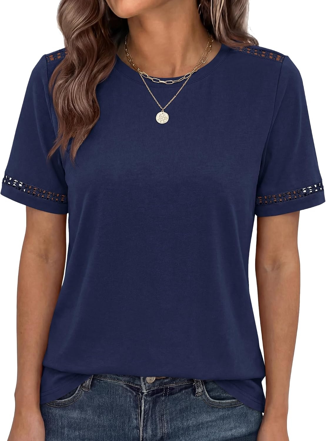 image:imageBTFBM Short Sleeve Shirts for Women 2026 Lace Summer Tops Spring Casual Loose Crew Neck TShirt Cute Vacation OutfitsNavy Blue