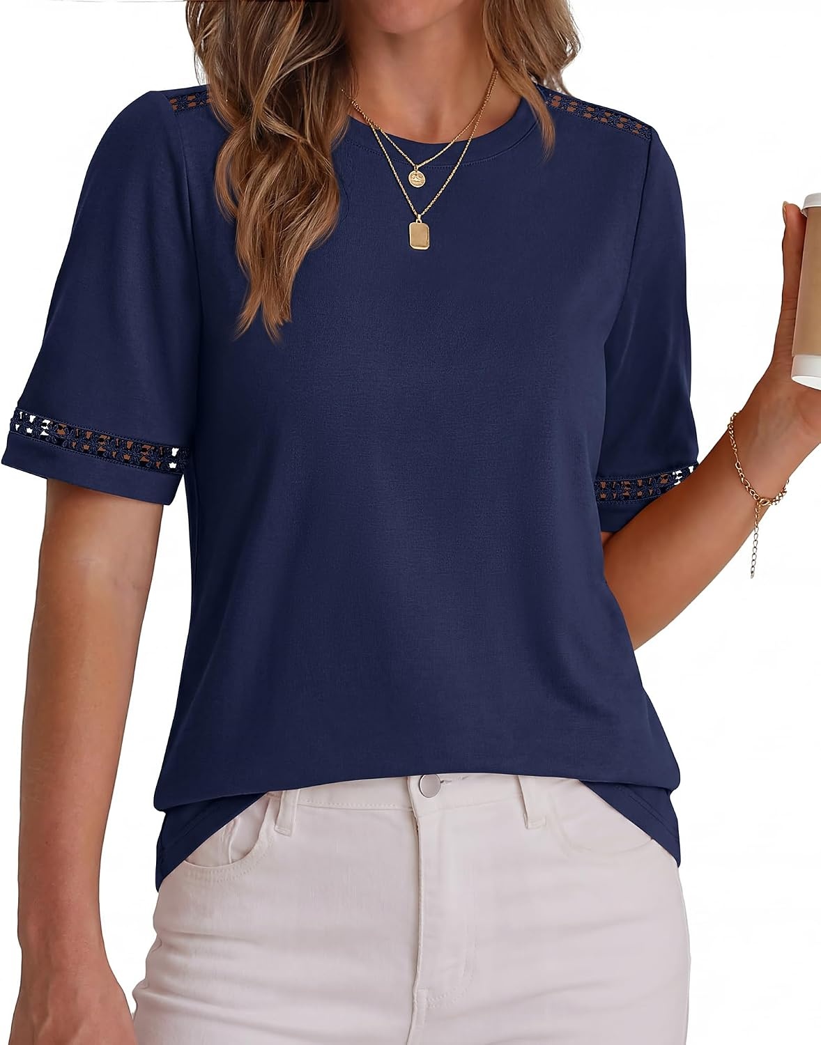 image:imageBTFBM Short Sleeve Shirts for Women 2026 Lace Summer Tops Spring Casual Loose Crew Neck TShirt Cute Vacation OutfitsNavy Blue