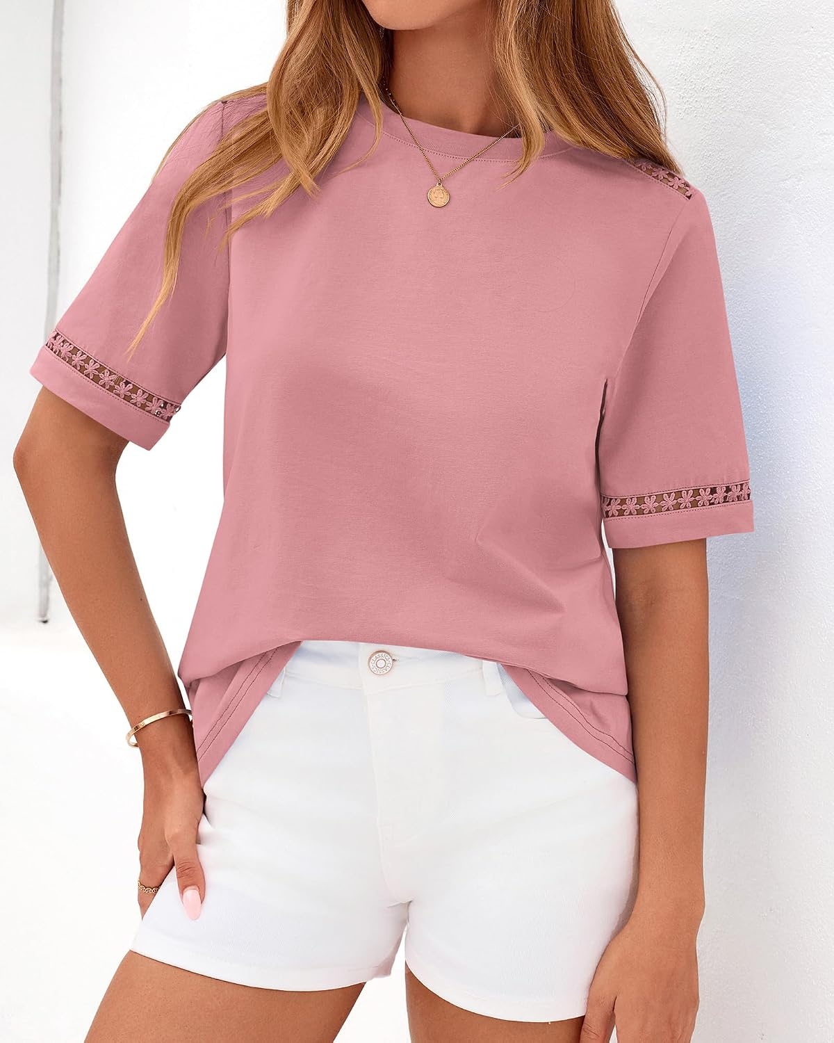 image:imageBTFBM Short Sleeve Shirts for Women 2026 Lace Summer Tops Spring Casual Loose Crew Neck TShirt Cute Vacation OutfitsPink