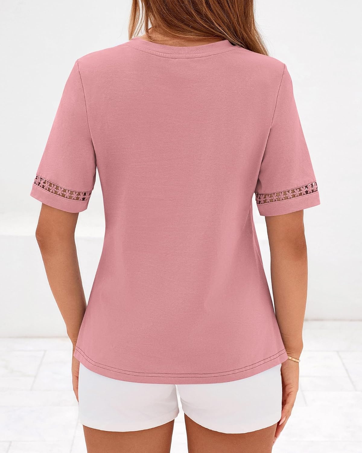 image:imageBTFBM Short Sleeve Shirts for Women 2026 Lace Summer Tops Spring Casual Loose Crew Neck TShirt Cute Vacation OutfitsPink