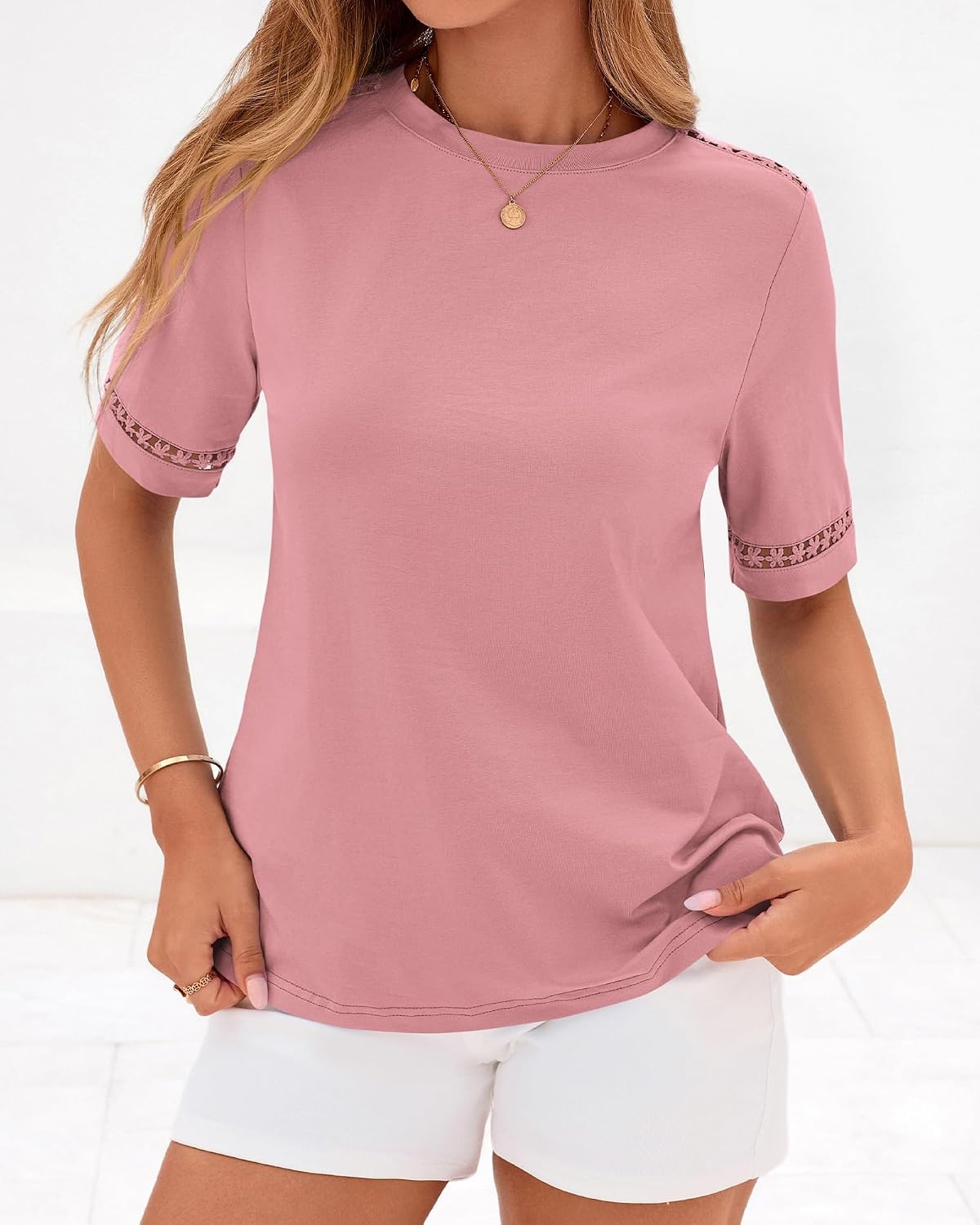 image:imageBTFBM Short Sleeve Shirts for Women 2026 Lace Summer Tops Spring Casual Loose Crew Neck TShirt Cute Vacation OutfitsPink