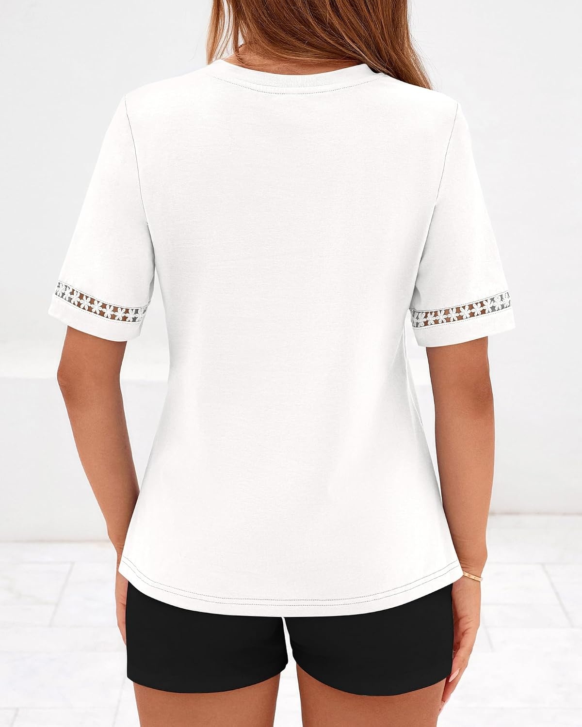 image:imageBTFBM Short Sleeve Shirts for Women 2026 Lace Summer Tops Spring Casual Loose Crew Neck TShirt Cute Vacation OutfitsWhite