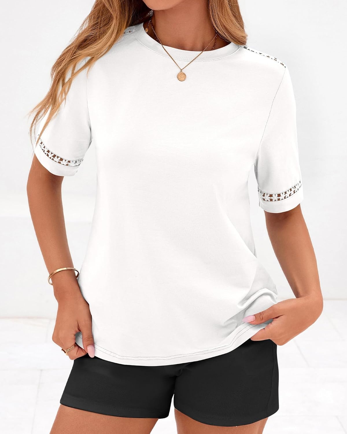 image:imageBTFBM Short Sleeve Shirts for Women 2026 Lace Summer Tops Spring Casual Loose Crew Neck TShirt Cute Vacation OutfitsWhite