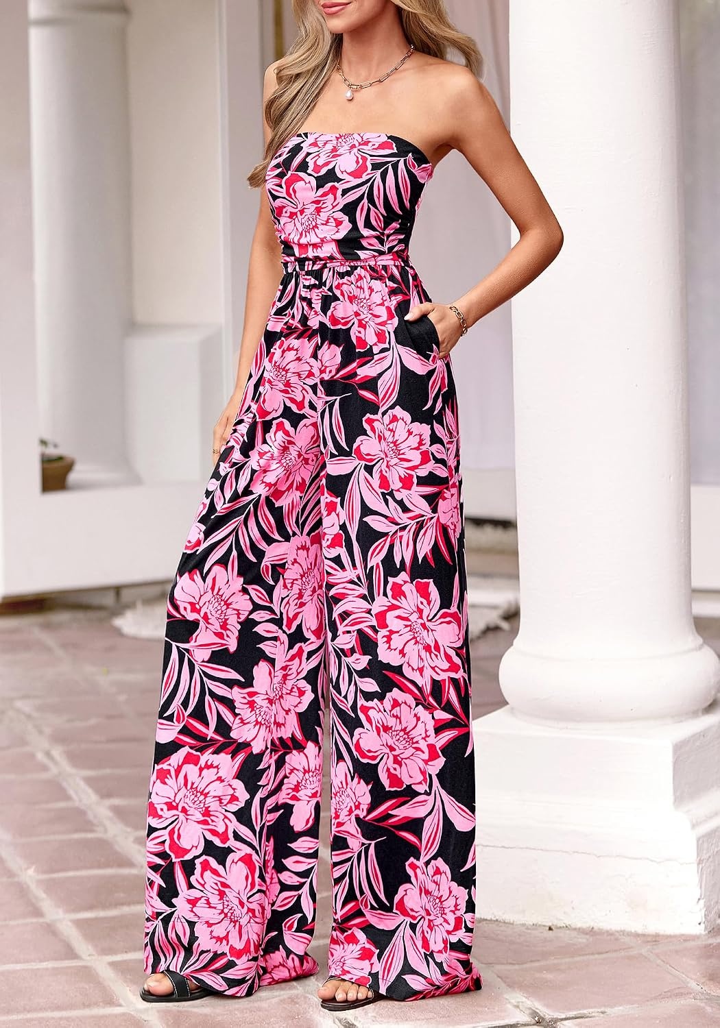 image:imageBTFBM Strapless Jumpsuits For Women Floral RompersFloral Black Pink