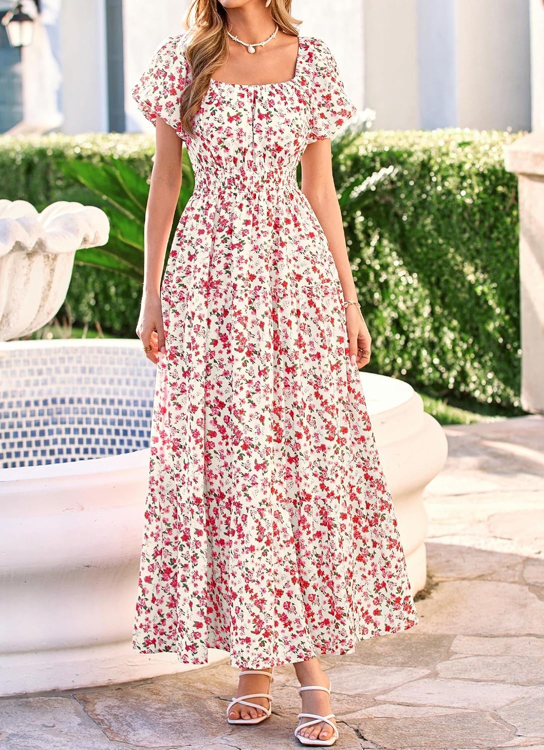 image:imageBTFBM Summer Dress for Women 2026 Spring Floral Short Sleeve Casual Flowy ALine Smocked Tiered Maxi Dresses PocketsFloral Apricot Red