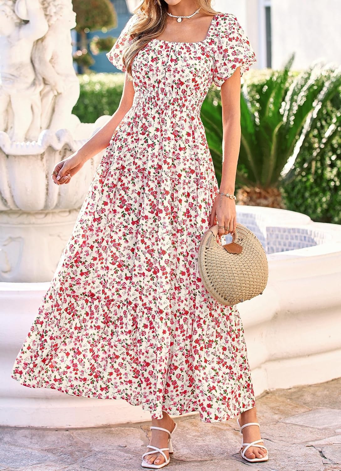 image:imageBTFBM Summer Dress for Women 2026 Spring Floral Short Sleeve Casual Flowy ALine Smocked Tiered Maxi Dresses PocketsFloral Apricot Red