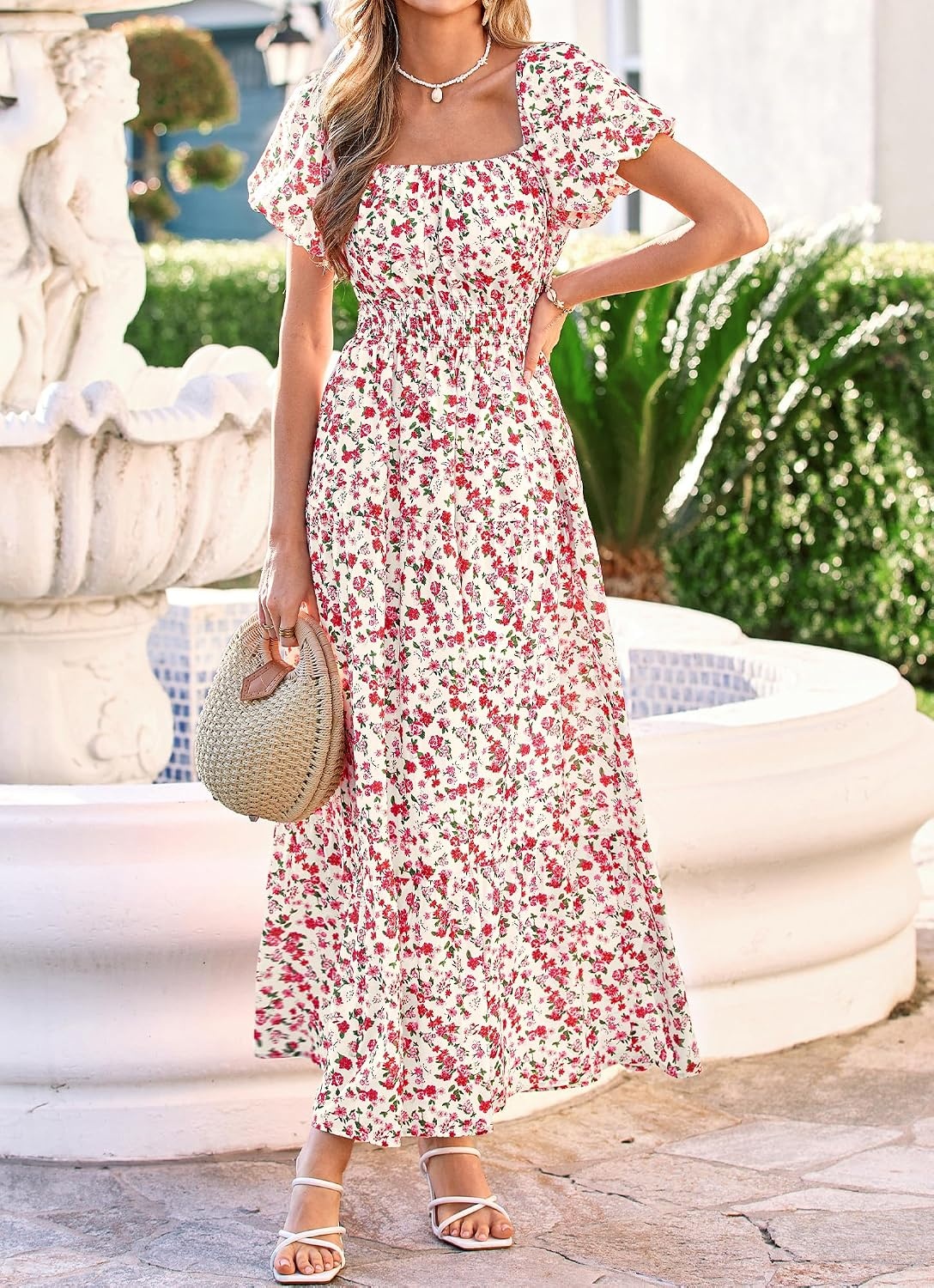 image:imageBTFBM Summer Dress for Women 2026 Spring Floral Short Sleeve Casual Flowy ALine Smocked Tiered Maxi Dresses PocketsFloral Apricot Red