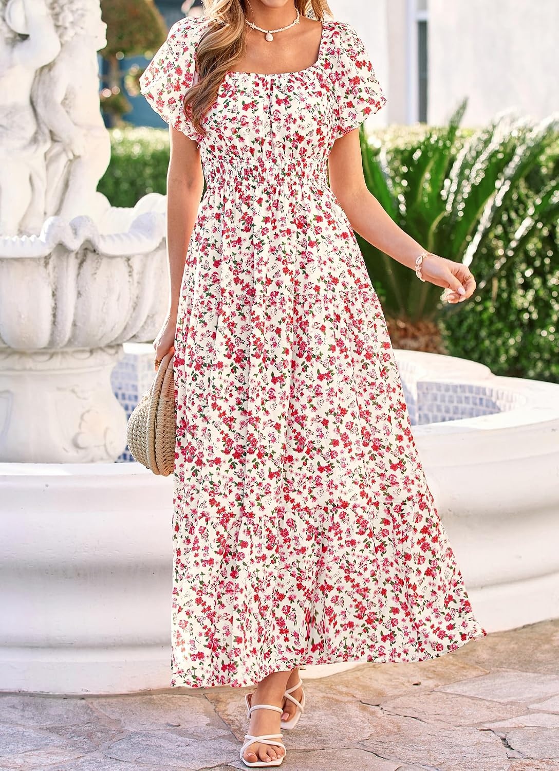 image:imageBTFBM Summer Dress for Women 2026 Spring Floral Short Sleeve Casual Flowy ALine Smocked Tiered Maxi Dresses PocketsFloral Apricot Red