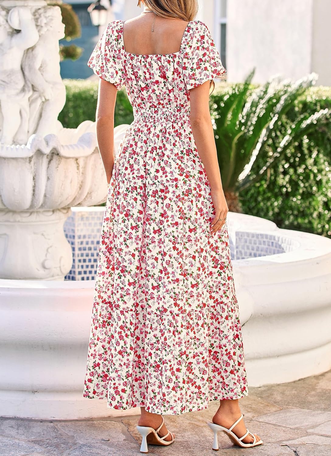 image:imageBTFBM Summer Dress for Women 2026 Spring Floral Short Sleeve Casual Flowy ALine Smocked Tiered Maxi Dresses PocketsFloral Apricot Red