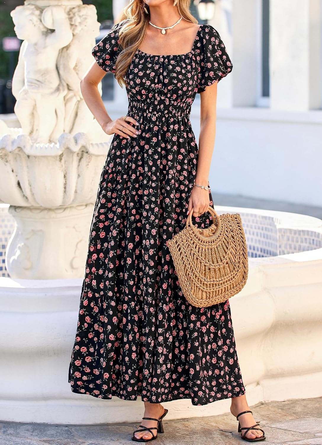 image:imageBTFBM Summer Dress for Women 2026 Spring Floral Short Sleeve Casual Flowy ALine Smocked Tiered Maxi Dresses PocketsFloral Black Pink